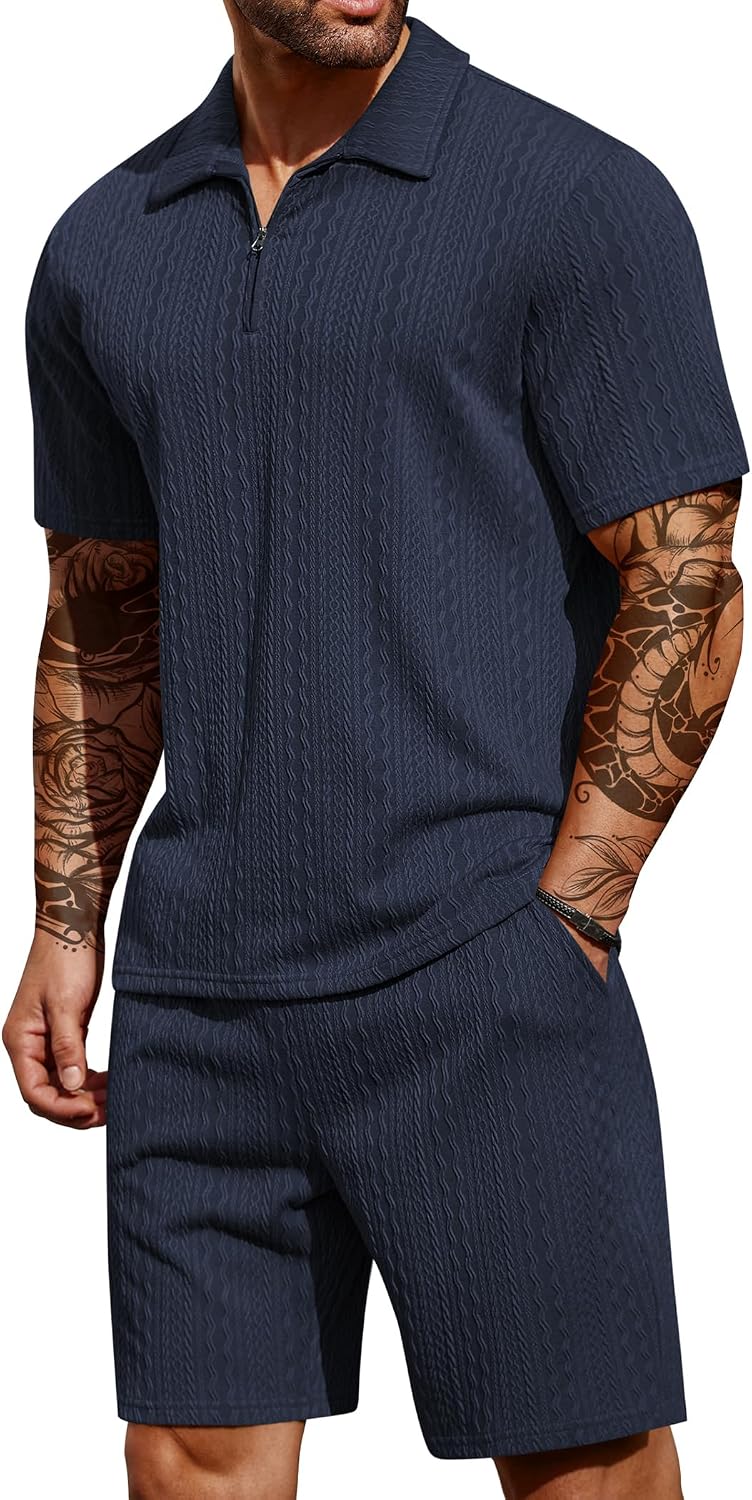 Detalle de COOFANDY Men’s 2-Piece Quarter-Zip Polo Shirt and Shorts Set (Casual Athletic Summer Tracksuit)