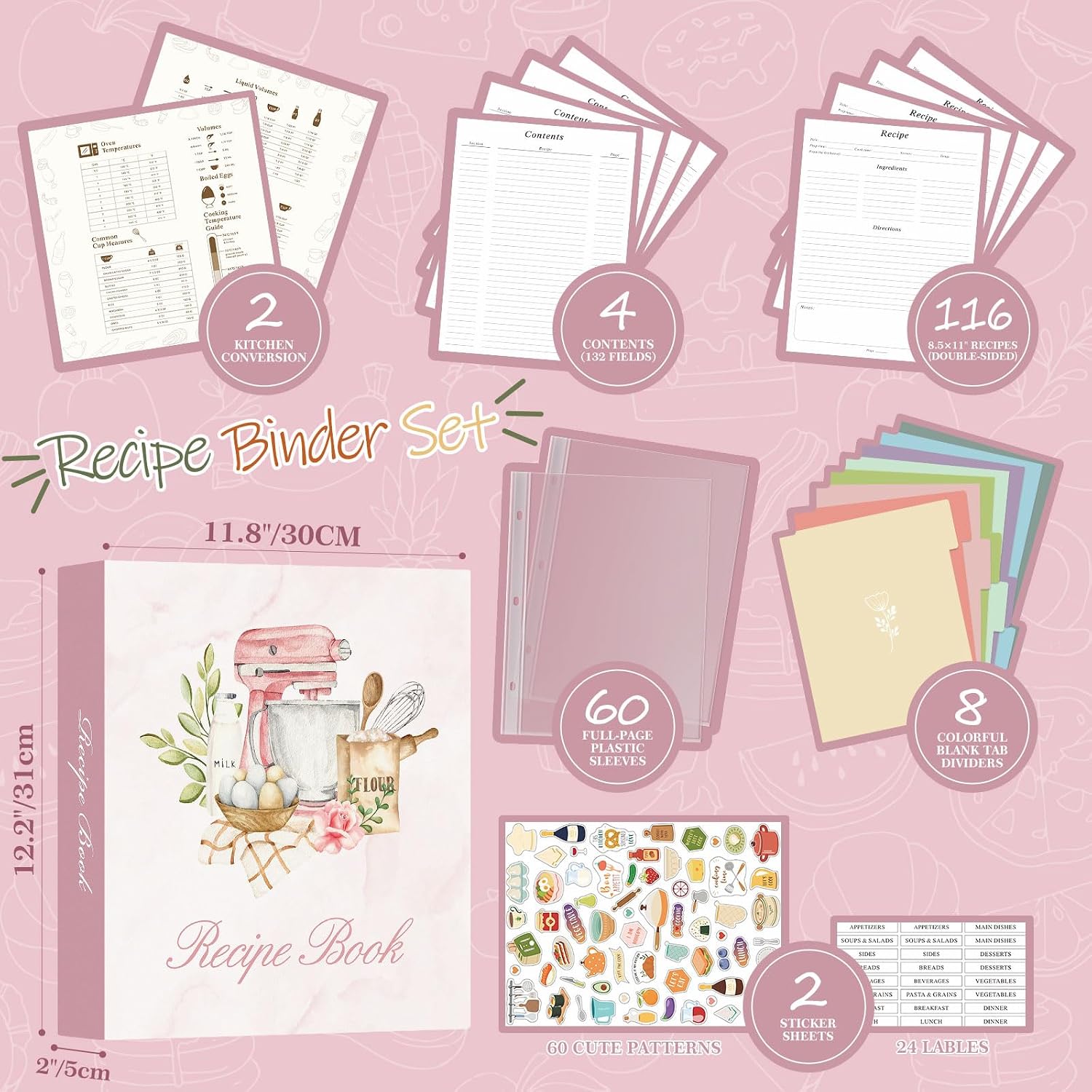 Detalle de Lanpn Recipe Binder, 8.5 x 11, 3-Ring Organizer with 60 Sleeves, Pink