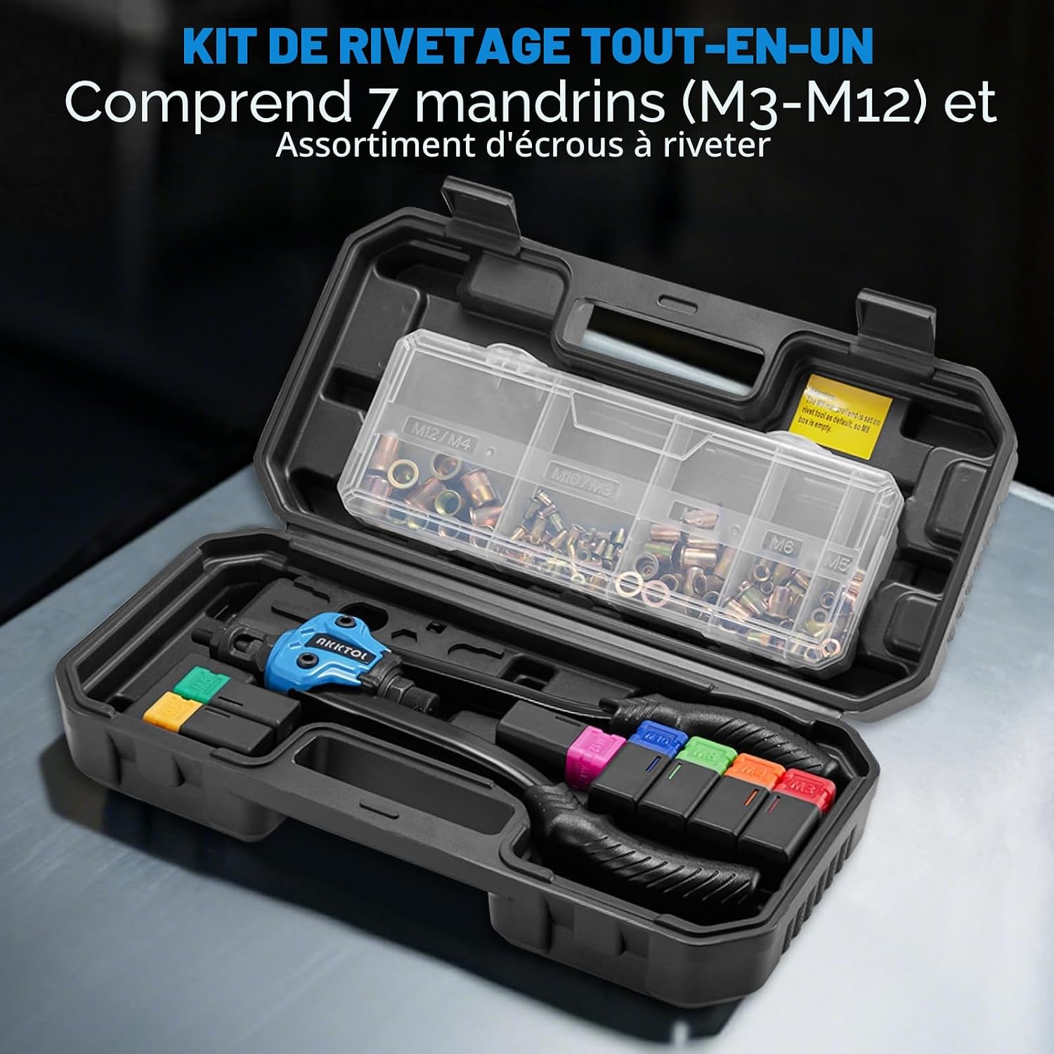 Detalle de AKKTOL Pince à Insert Fileté avec Boîte de Rangement et Coffret Robuste – 7 Mandrins (M3 à M12), 80 Écrous à Sertir