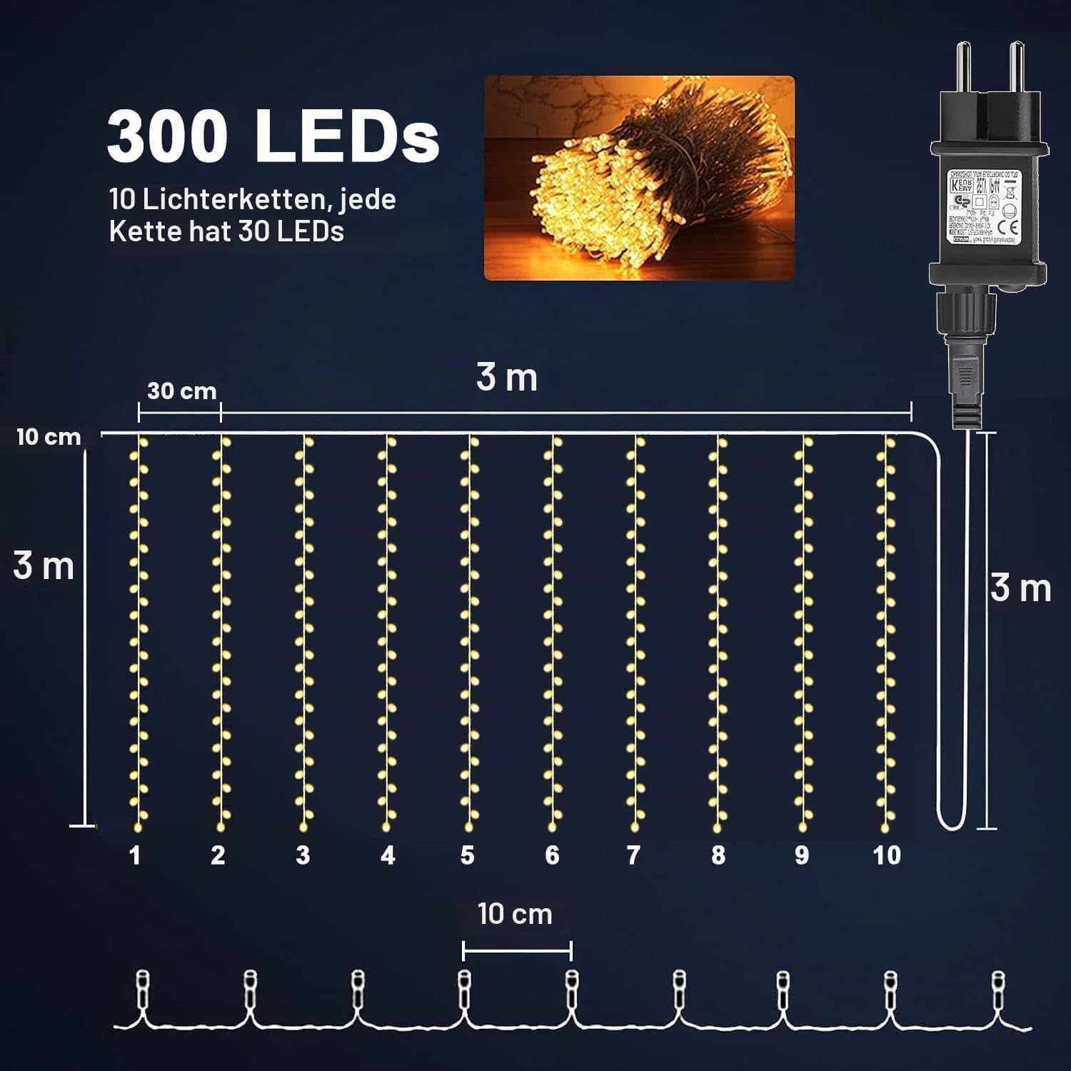 Detalle de yowin SW-LSL-3X6-600 lichtgordijn met 300 warmwitte leds en IP65