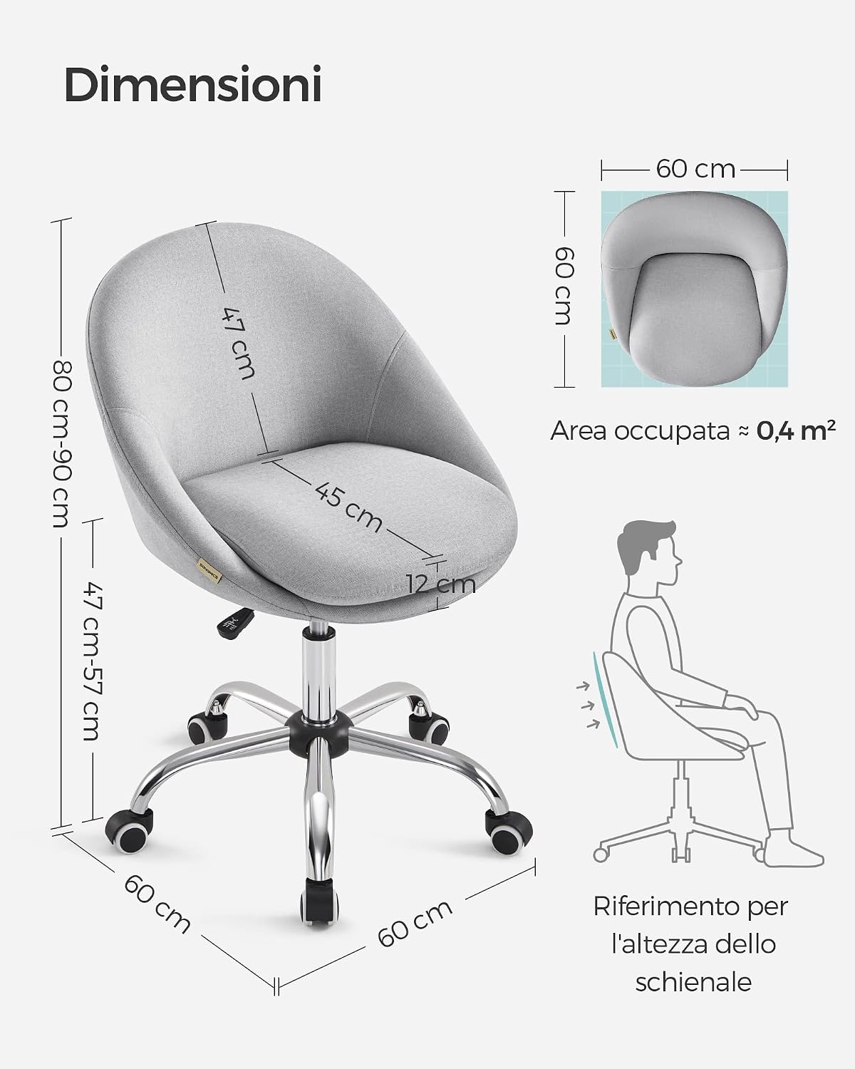 Detalle de SONGMICS Sedia da Studio OBG020G01 girevole 360° in cotone-lino, regolabile in altezza, grigio tortora