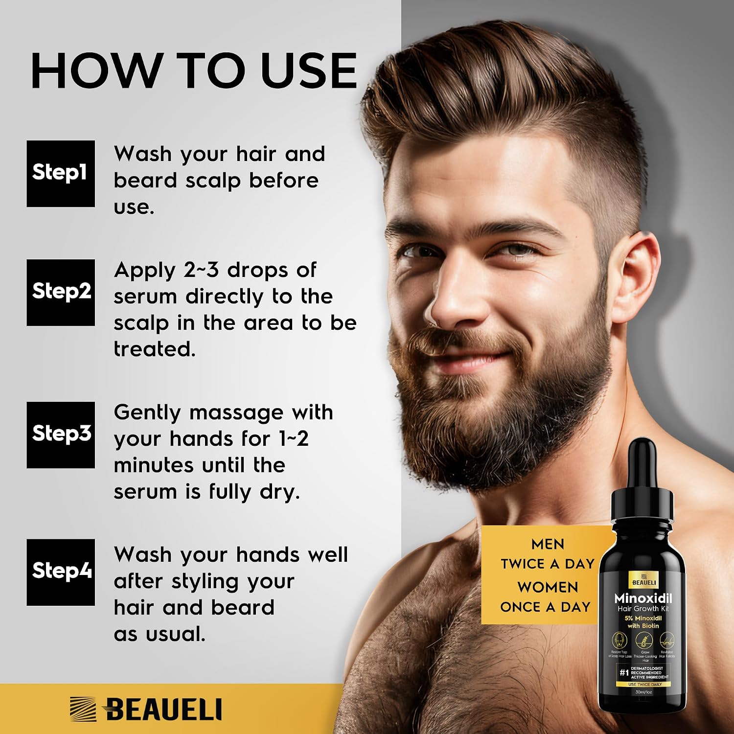 Thumbnail 4 de Beaueli 5% Minoxidil Beard Growth Kit with Biotin, Black