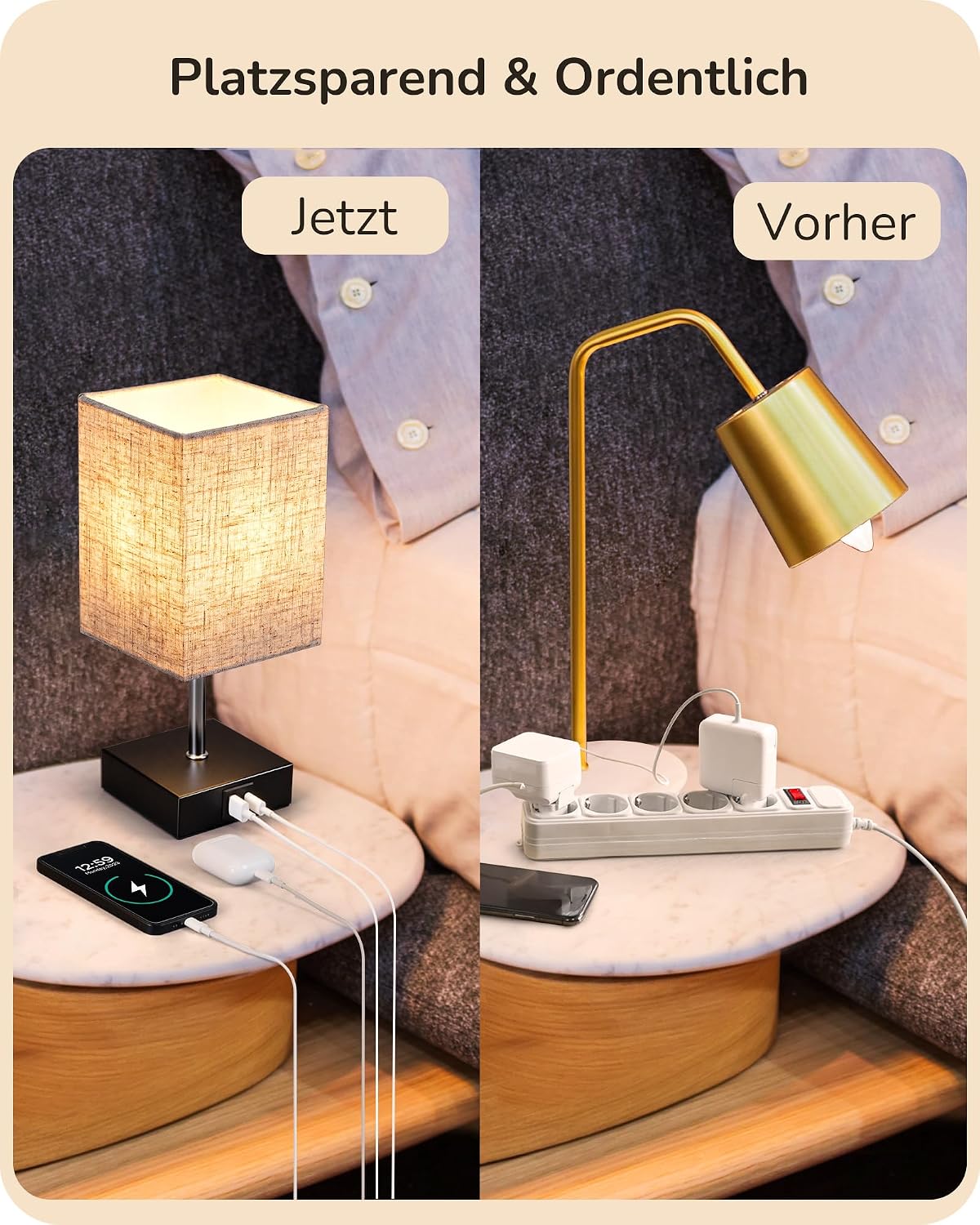 Detalle de EDISHINE LED Nachttischlampe Touch dimmbar im 2er-Set mit USB (Type-A & Type-C) – beige