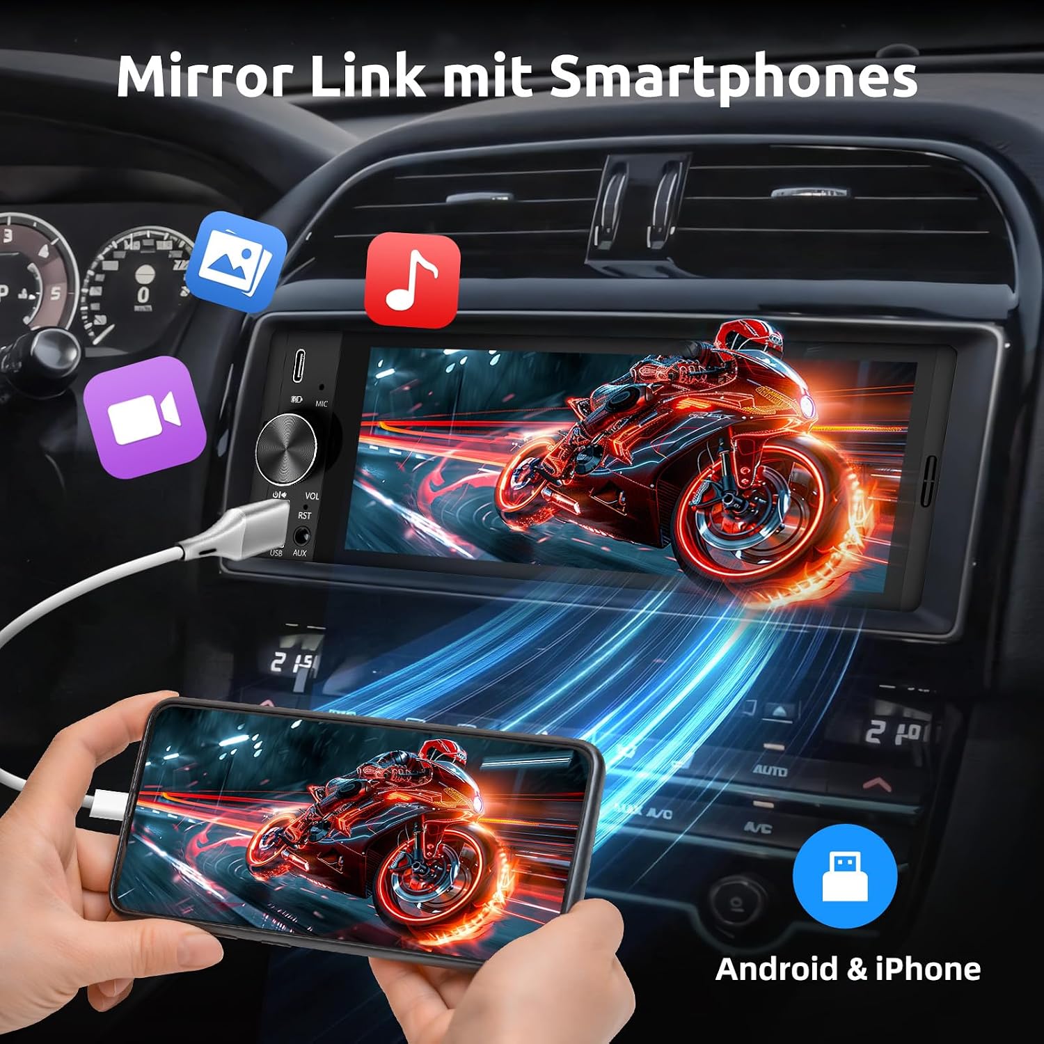 Detalle 2 de ESSGOO 6,36 Zoll 1-DIN Autoradio mit Wireless CarPlay und Android Auto