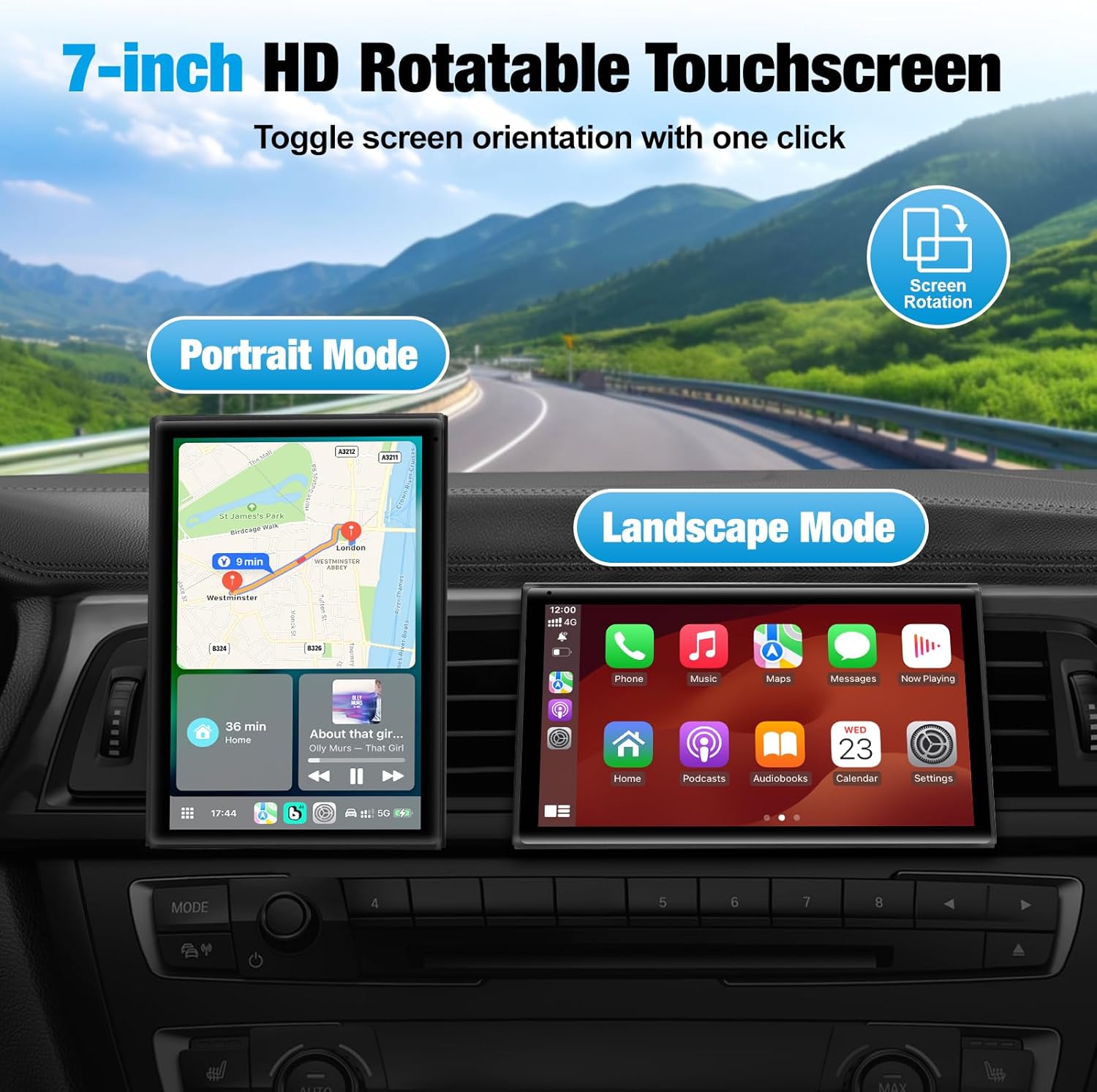 Thumbnail 2 de 7-Inch Wireless CarPlay & Android Auto Screen (Black) — Bluetooth, Voice Control, Mirror Link