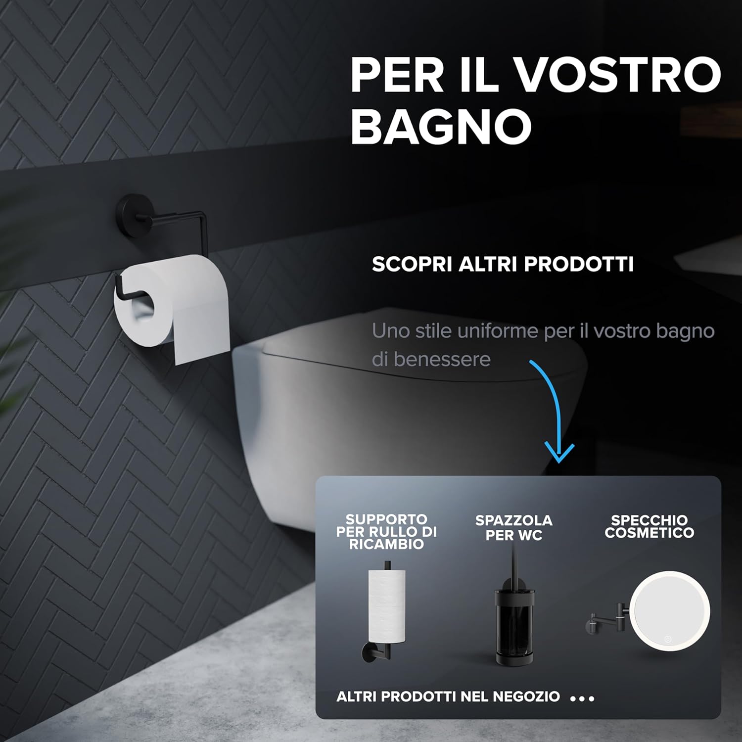 Thumbnail 5 de Portarotolo Ovimar Tromoy per foratura nero – Portarotolo autoadesivo in acciaio inox, con chiusura soft-close