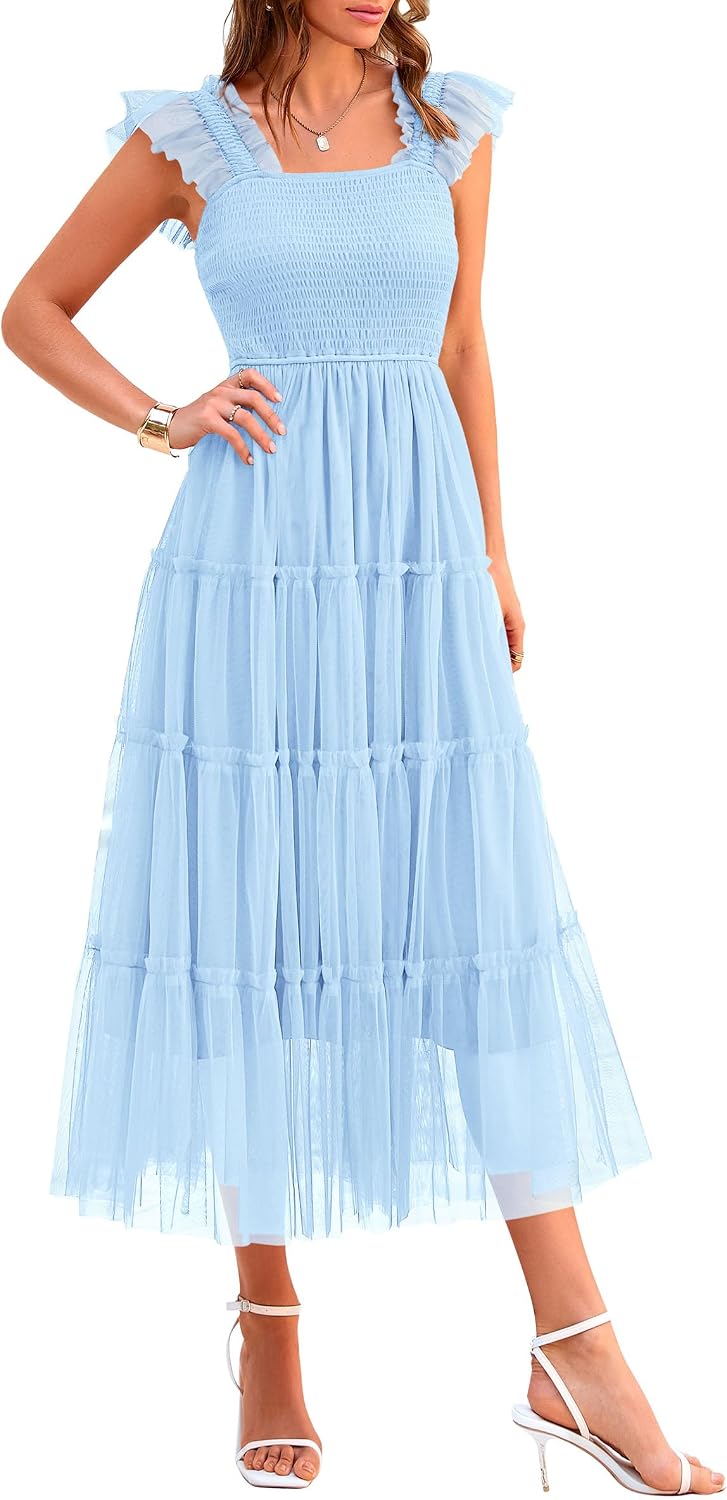 Detalle de PRETTYGARDEN Women's Summer Tulle Midi Dress – Sleeveless Smocked Ruffle Flowy Mesh Dress
