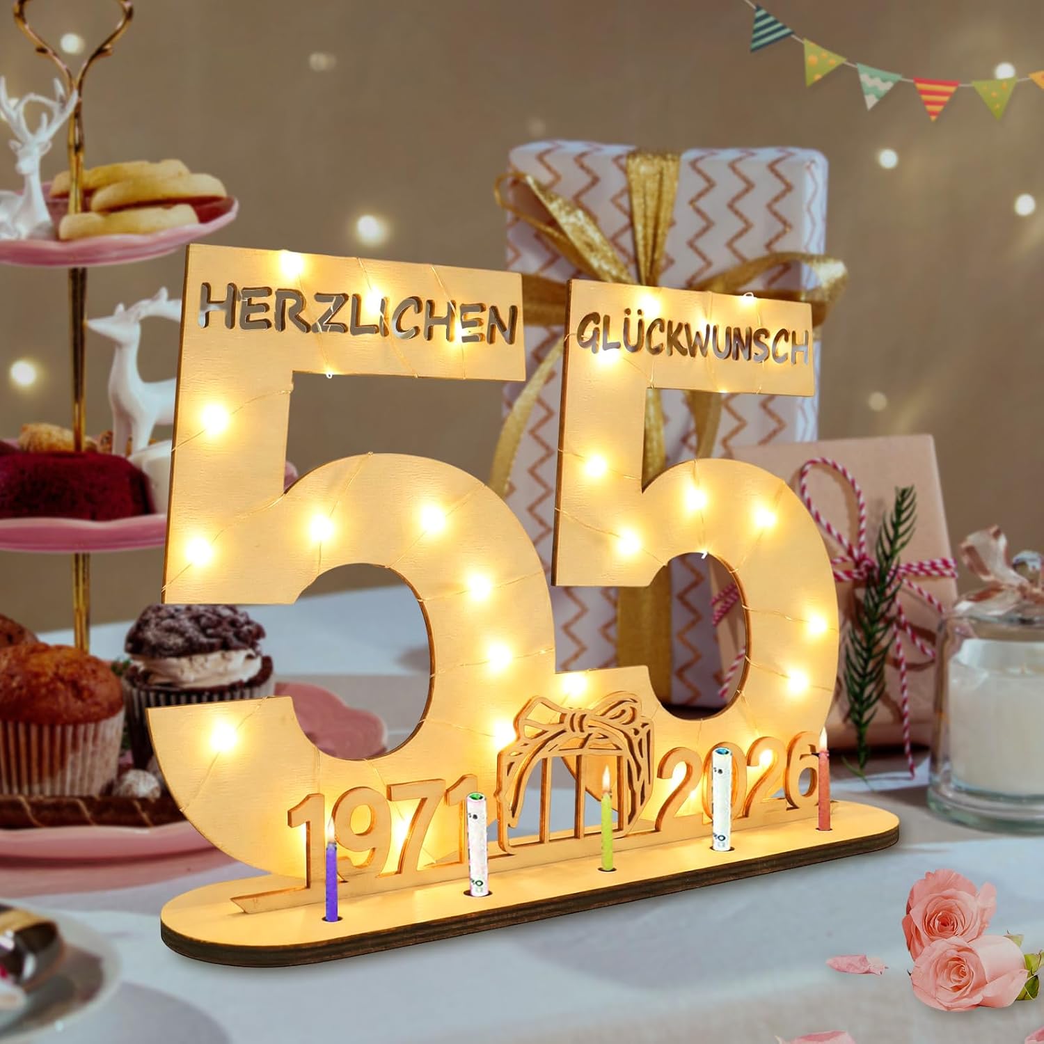 Thumbnail 4 de Seutgjie Geschenk zum 55. Geburtstag mit LED-Lichterkette, Holz-Schild & Geldgeschenk (29x21 cm)