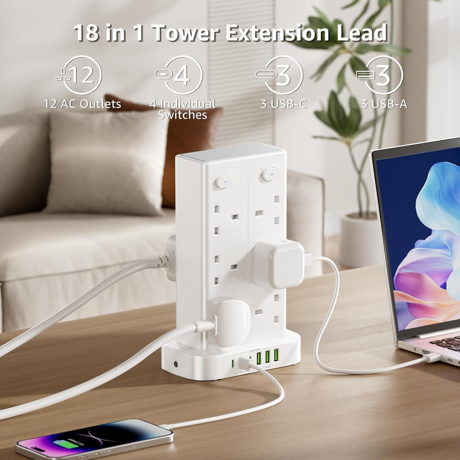 Thumbnail 1 de 3M Tower Extension Lead with USB Slots 12-Way