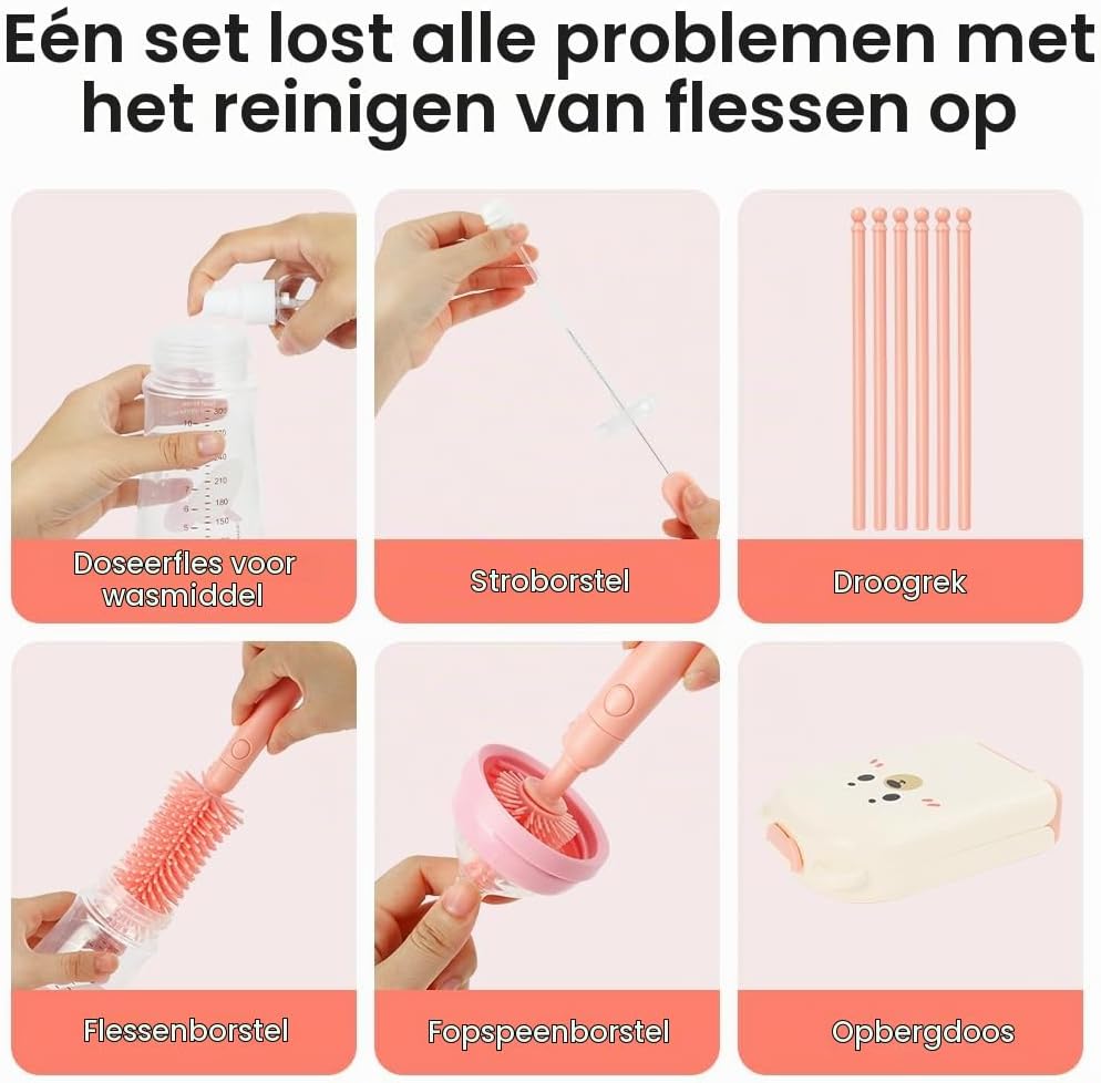 Detalle de Vicloon 6-in-1 babyflessenborstelset met siliconen borstels, opbergdoos en droogrek