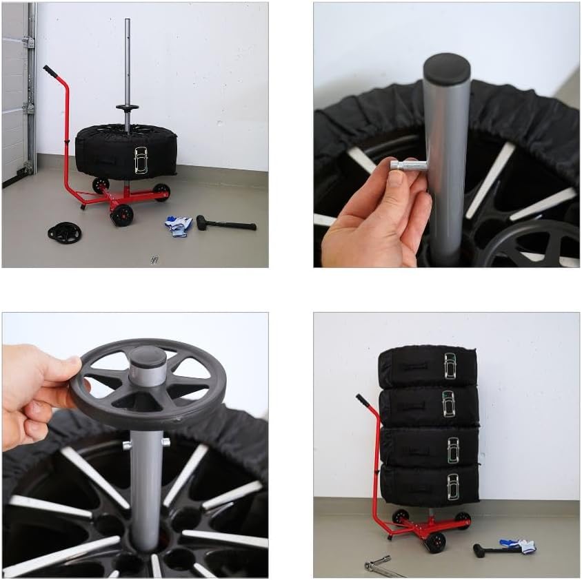 Detalle de PROREGAL Felgenbaumwagen CARRERO – Reifenständer für Autoreifen bis 225 mm, 118 x 85 x 58 cm, rot