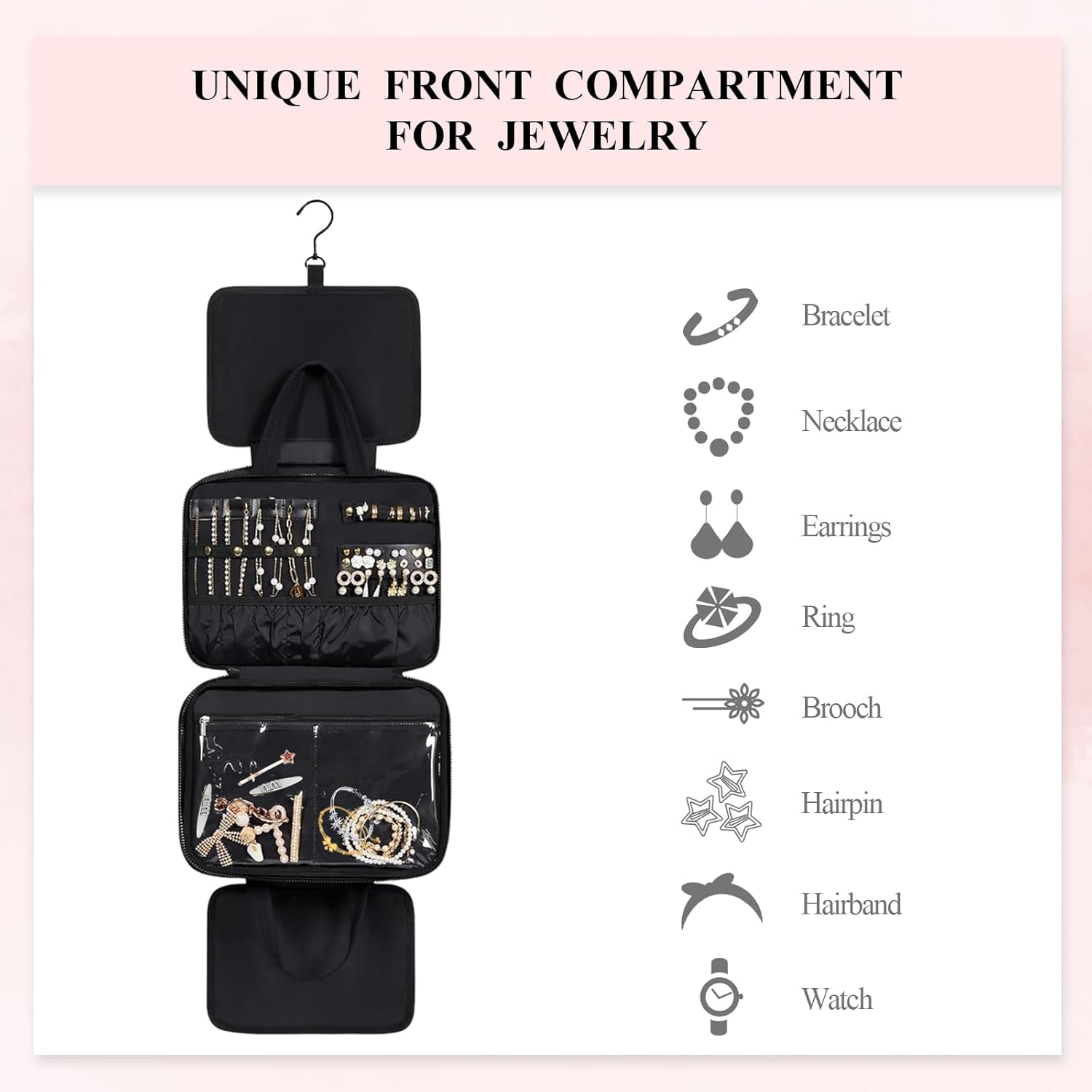 Detalle de Aucuu Trousse de Maquillage Suspendue Grande - Grande Capacité avec Crochet et Compartiments, Beige
