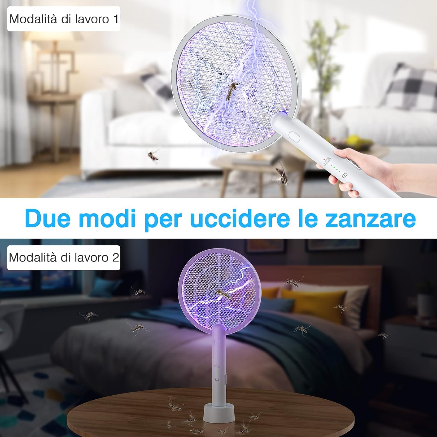 Thumbnail 2 de PALONE Racchetta Zanzare Elettrica 4000V con USB ricaricabile e LED 2-in-1 (bianco)