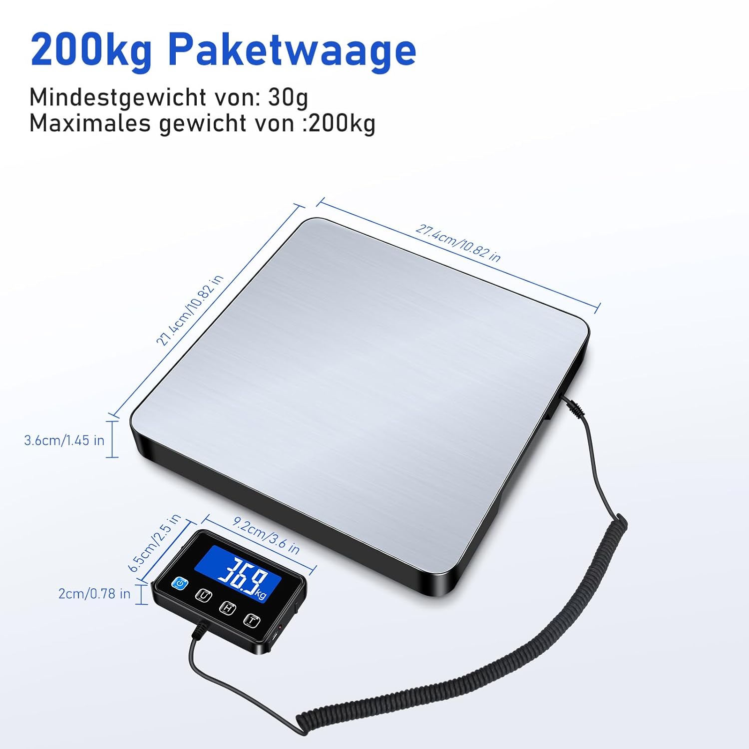 Detalle de Paketwaage mit LCD-Display, 200 kg / 10 g, Edelstahl-Plattform und Halte-/Tara-Funktion