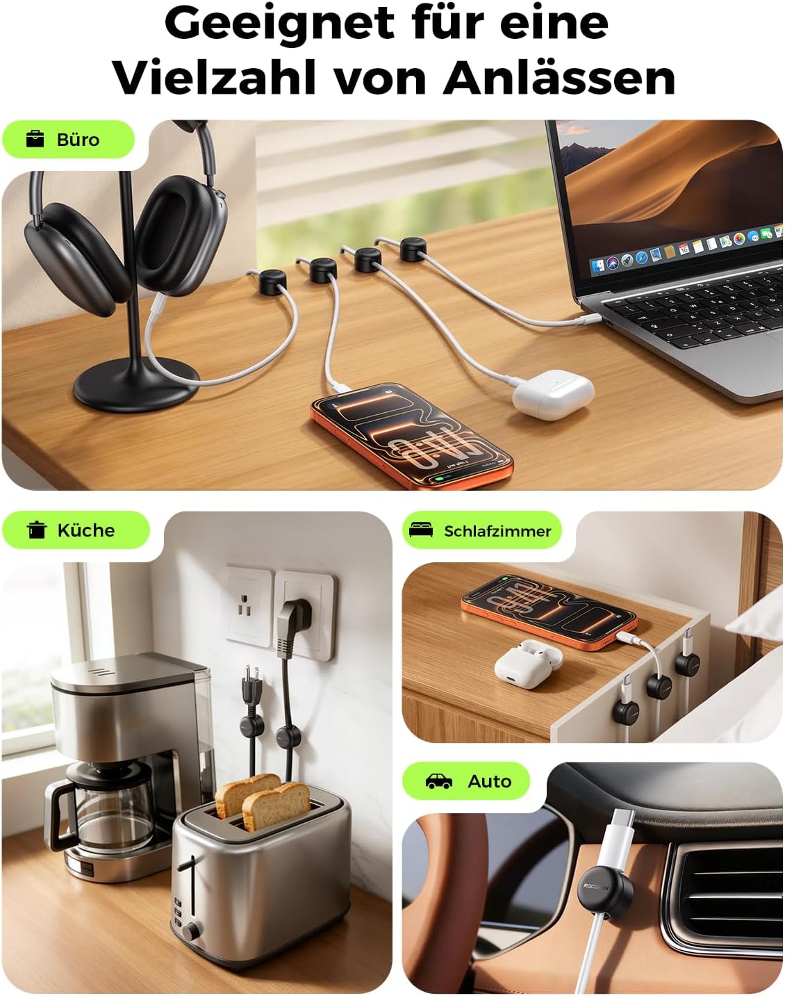 Thumbnail 3 de Rocoren Kabelhalter Selbstklebend – 9 Stück, magnetisch, 360° drehbar, 7,5 mm Schlitz, Kabelmanagement für Schreibtisch/Office
