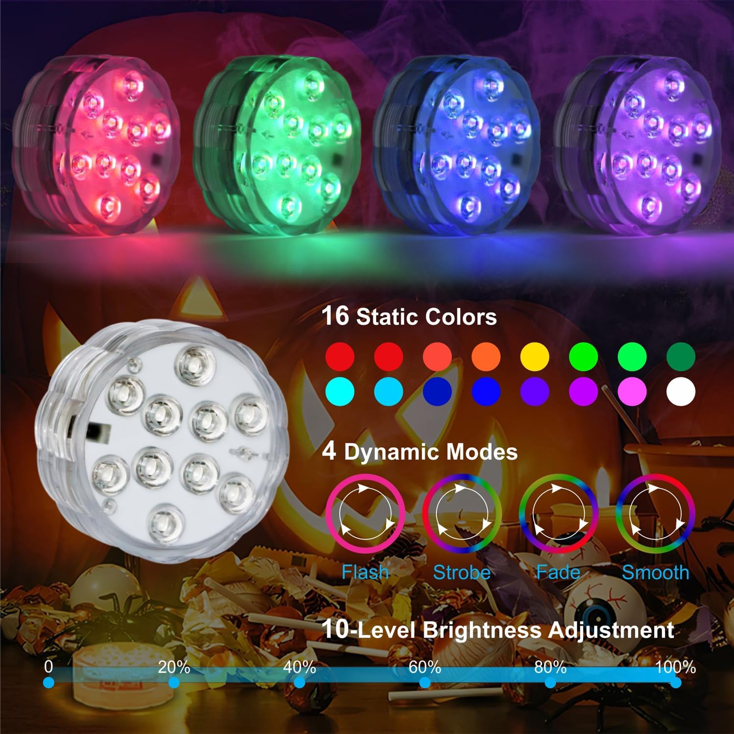 Detalle de POLENTAT SY-HWSLRGB Submersible LED Lights, 16 Colours, 4 Modes, 3-Pack