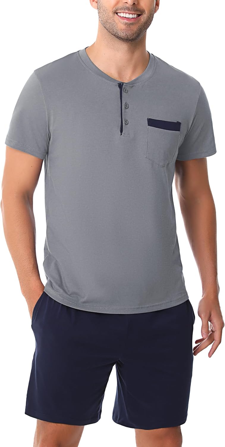 Detalle 2 de Aseniza Herren Schlafanzug Kurz Baumwolle Pyjamaset – Sommer Shorty, O-Ausschnitt, Zweiteilig