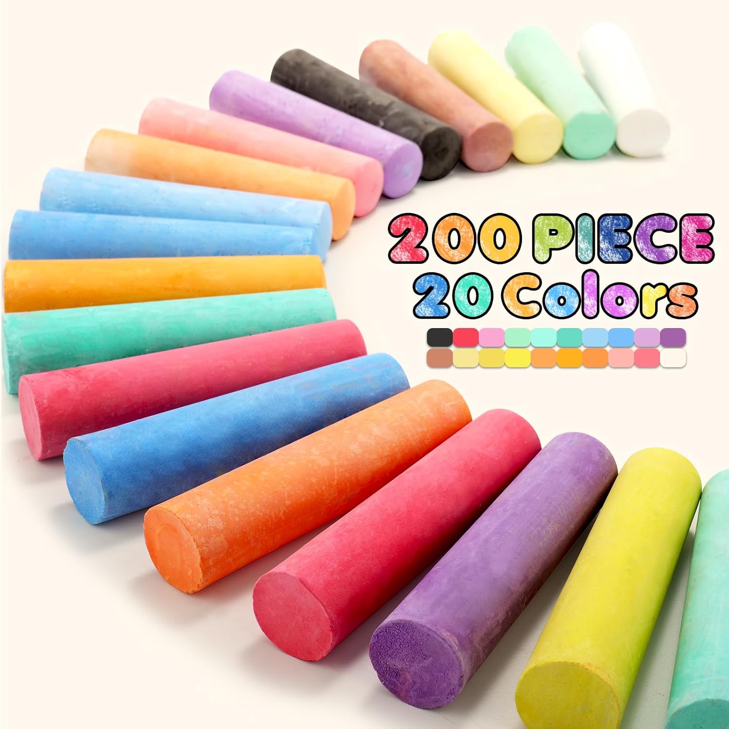 Thumbnail 1 de 200PCS Washable Sidewalk Chalks Set (20 Colors) — Jumbo Washable Sidewalk Chalk for Kids, Outdoor Drawing & Blackboard Art