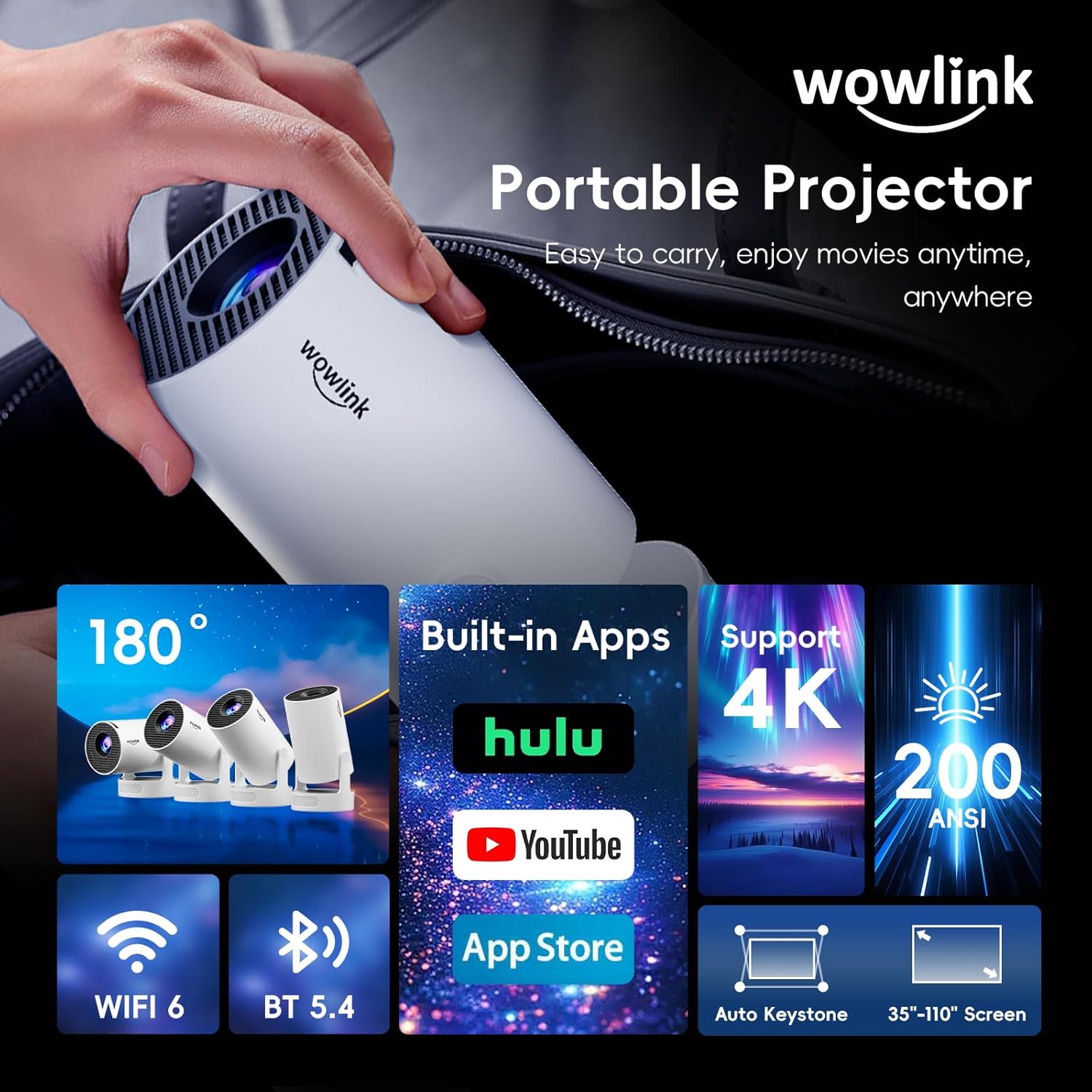 Thumbnail 1 de [Built-in Apps & 2026 Upgraded] Mini Projector with WiFi 6 & Bluetooth 5.4 (W210-style) — Portable 4K/1080P, Auto Keystone, 180° Rotatable, White