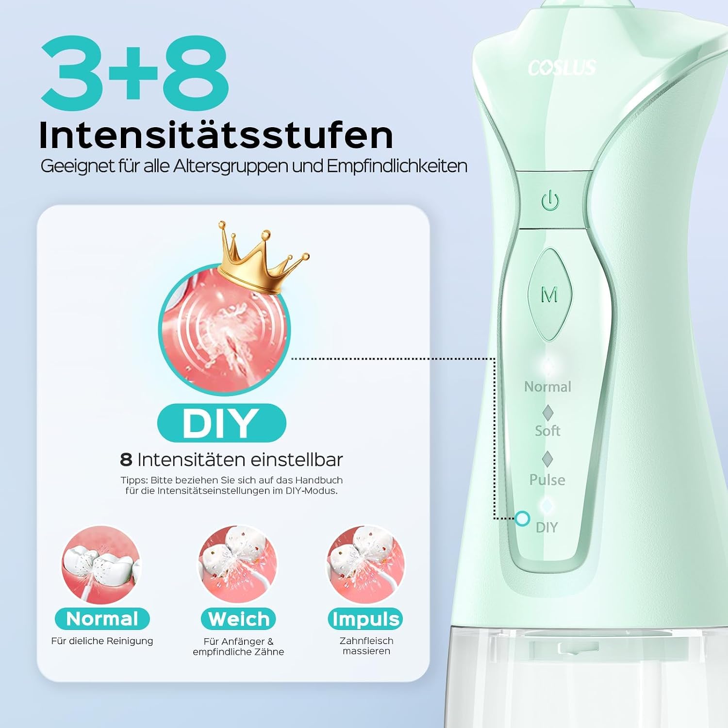 Detalle 2 de COSLUS Munddusche Kabellos Elektrischer Zahnreiniger – 4 Modi, 300 ml Tank, IPX7
