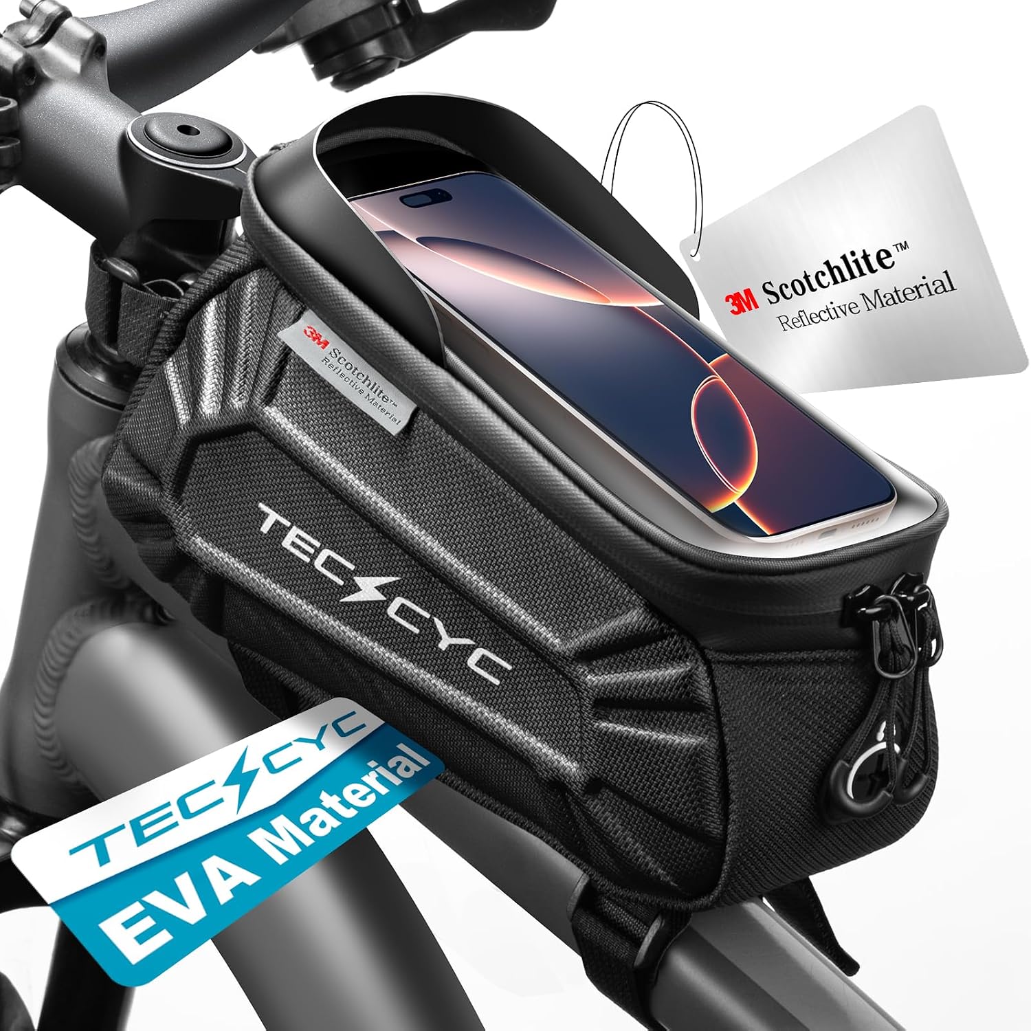 Detalle de TECHCYC Borsa Telaio Bici con riflettente e touchscreen TPU, impermeabile per MTB, gravel, strada ed e-bike