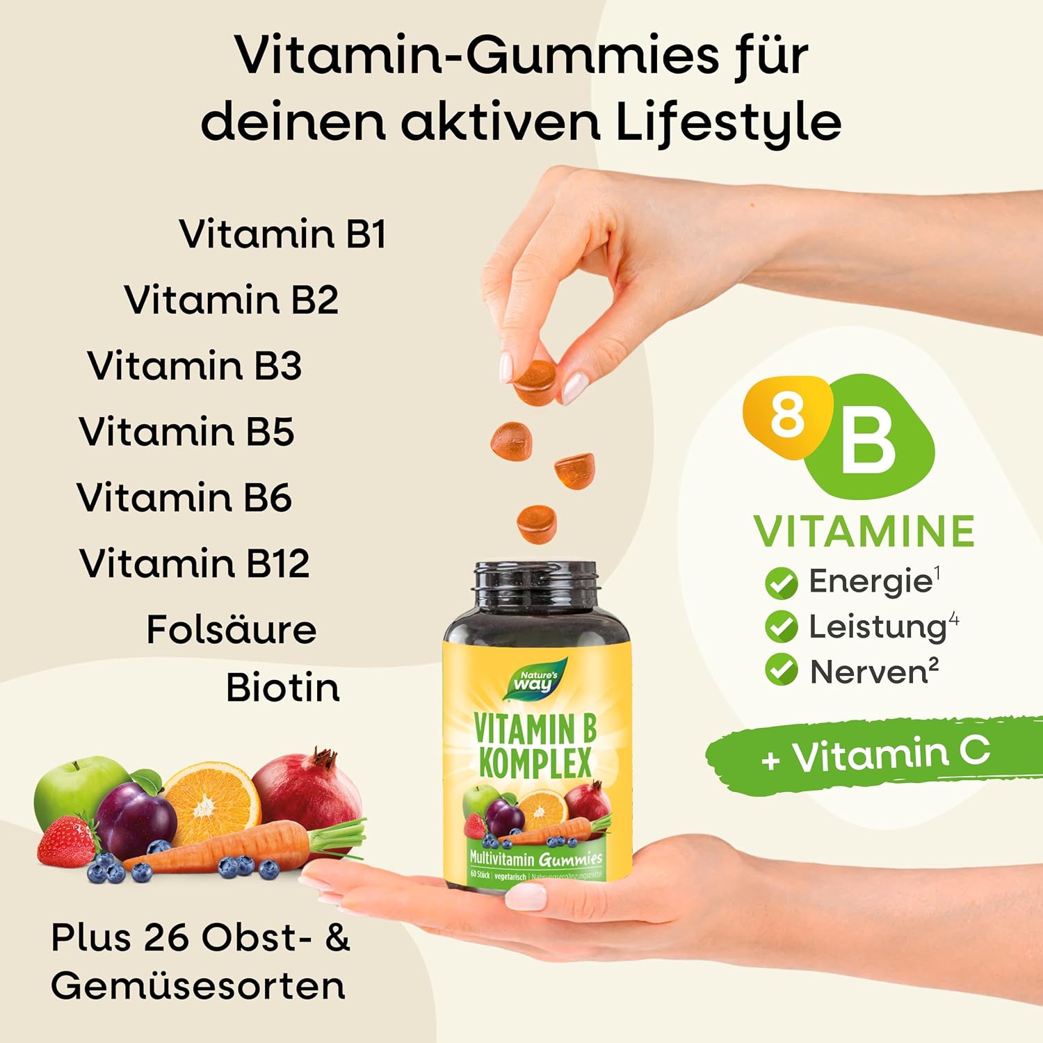 Thumbnail 6 de Vitamin B Komplex Multivitamin Gummibärchen mit Vitamin C & 8 B-Vitaminen – vegetarische Gummies (60 Stk)