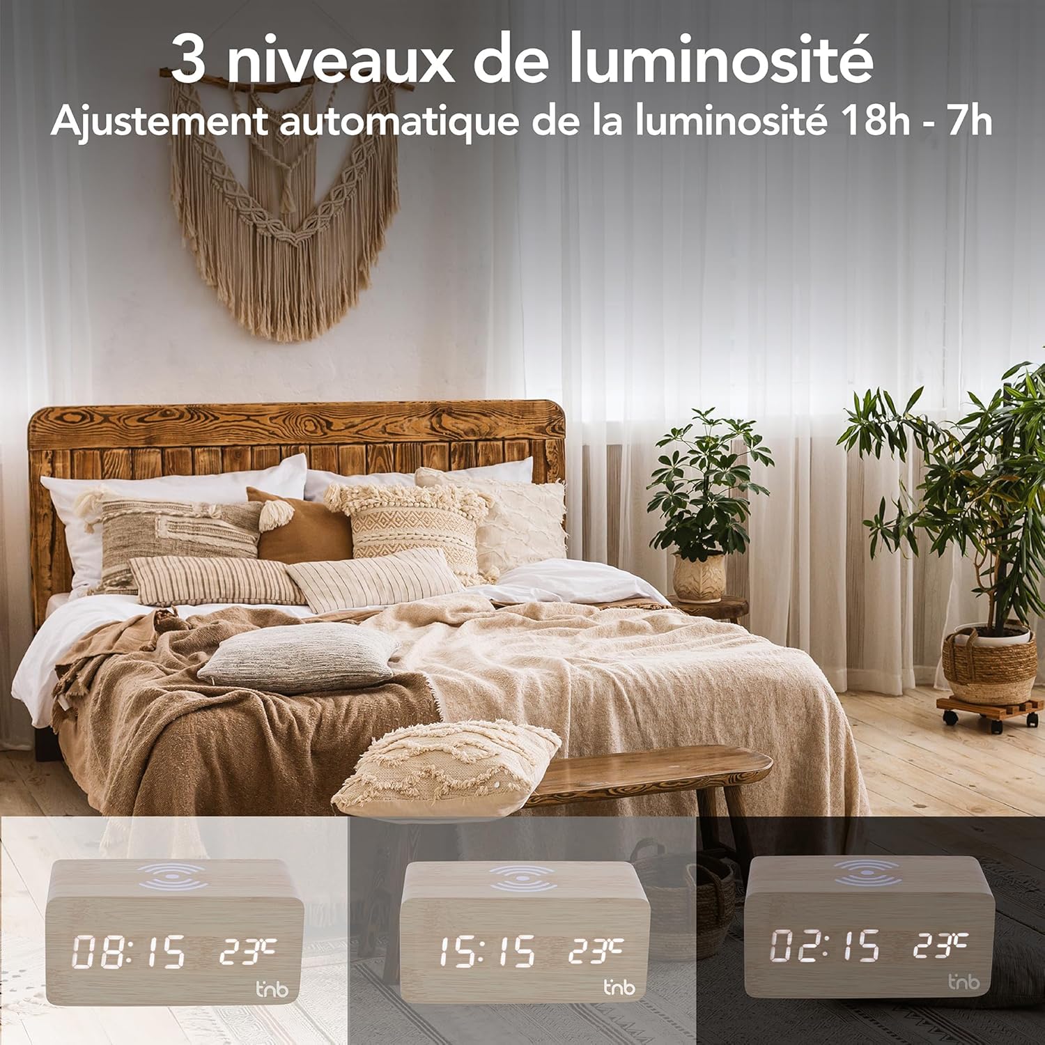 Thumbnail 4 de T'nB Réveil Dynamo avec Chargeur Induction 10W – Bois, 3 Alarmes et Luminosité Réglable