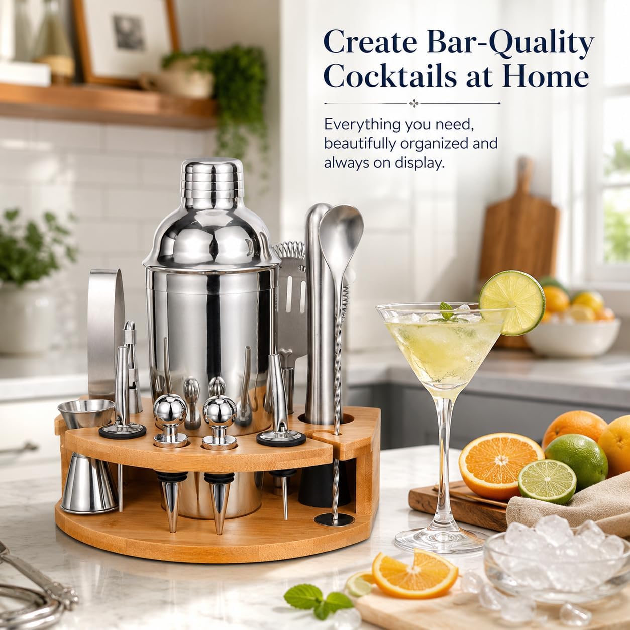 Detalle de Cocktail Shaker Set Esmula 750ML – 12-Teiliges Edelstahl Barkeeper Kit mit Bambusständer