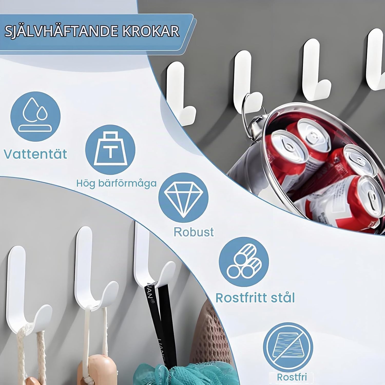 Detalle 2 de Kisstta självhäftande krokar i rostfritt stål, vita, 3-pack utan borrning