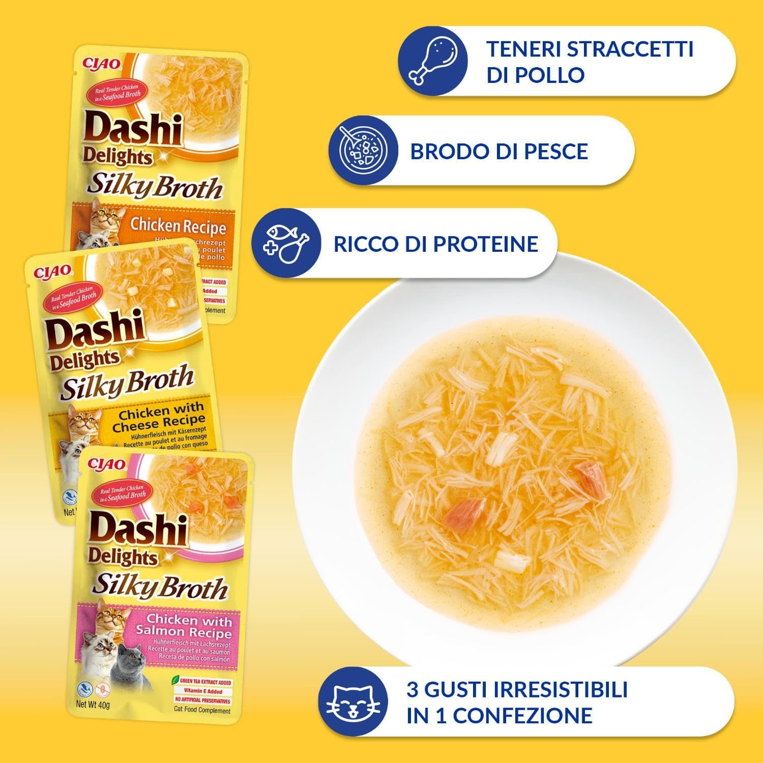 Detalle de INABA Dashi Delights Silky Broth: Fiocchi in Brodo per Gatti, 12 Buste x 40 g (3 ricette di pollo)