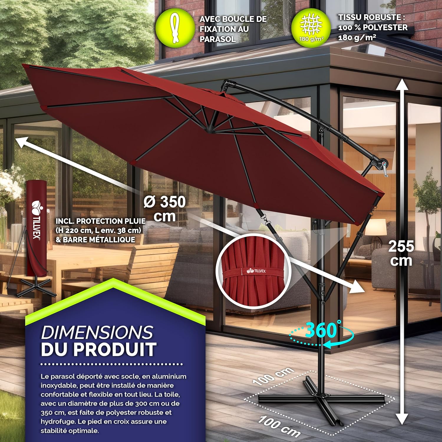Thumbnail 4 de tillvex Parasol déporté hexagonal 3 m avec manivelle : protection UV pour jardin, terrasse ou marché