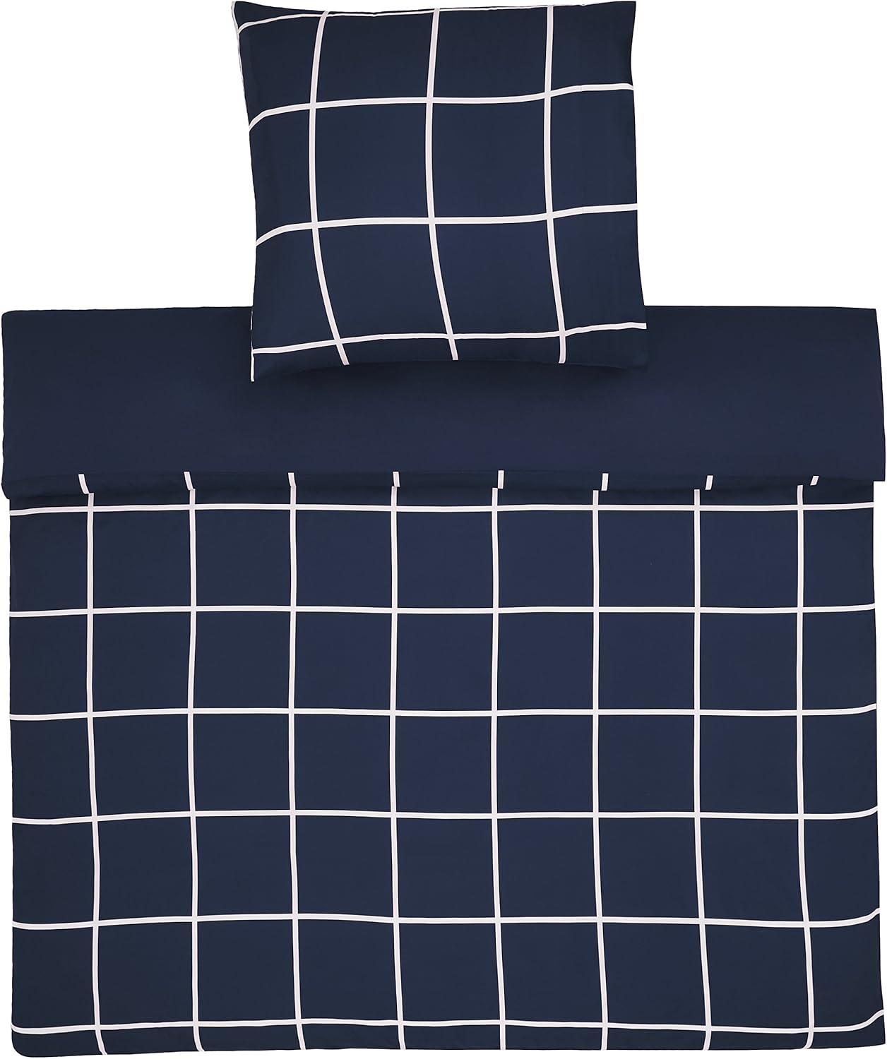 Detalle de Amazon Basics Bettwäsche 135x200 cm 2-teilig: Mikrofaser, Marineblau kariert – Duvetbezug mit Druckknöpfen und Kissenbezug 80x80