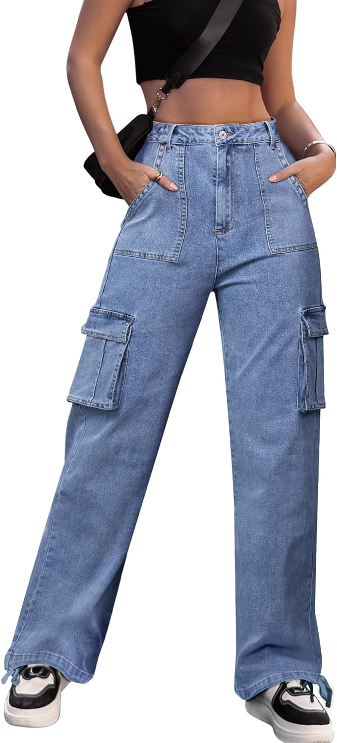Detalle de Dordanity Y2K Cargohose für Damen mit 6 Taschen – High Waist Baggy Wanderhose aus Baumwollmischgewebe