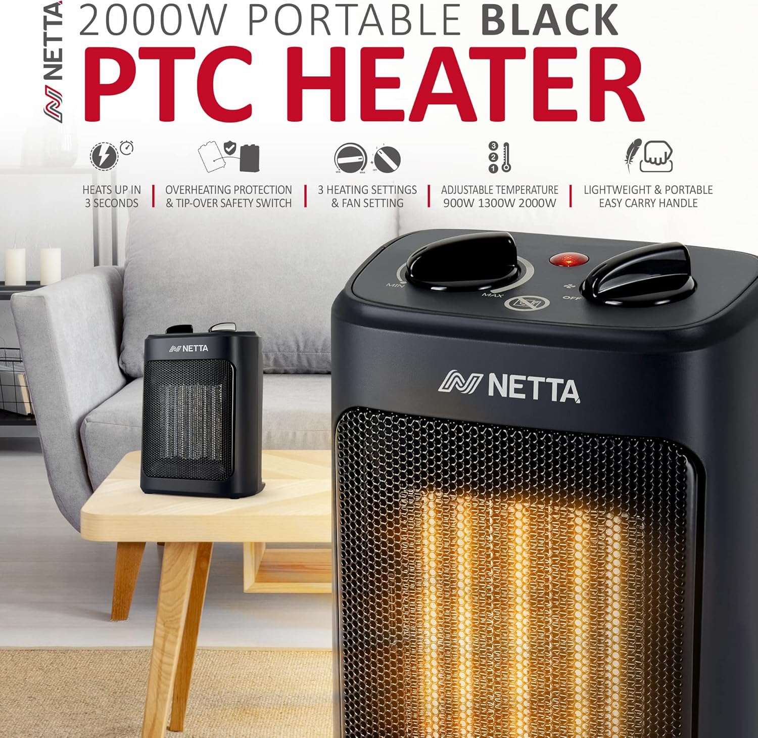 Thumbnail 1 de NETTA Ceramic Fan Heater 2000W – portable electric space heater with adjustable thermostat