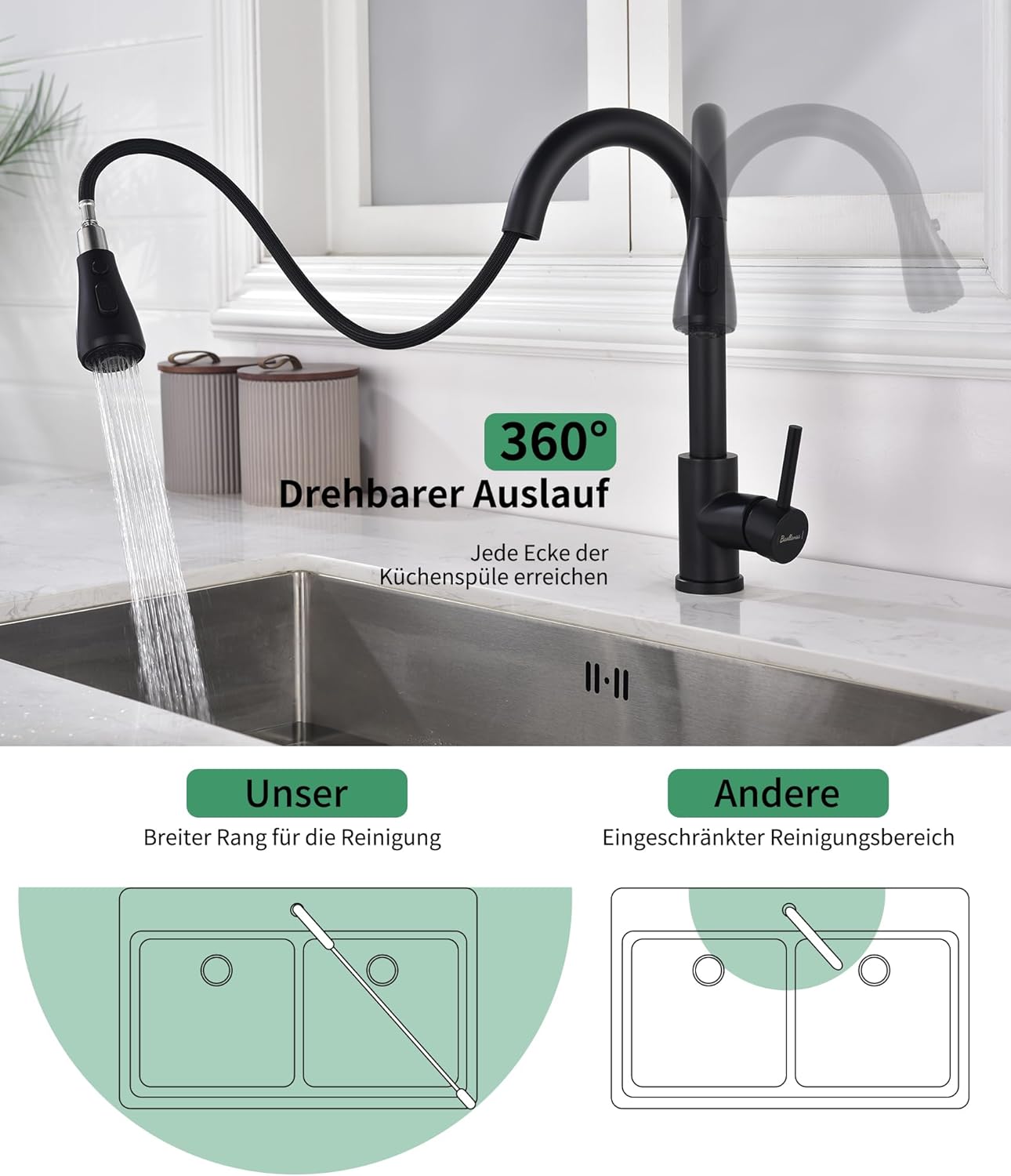 Thumbnail 1 de Wasserhahn Küche Ausziehbar – Hochdruck Küchenarmatur mit 3 Funktionen, 360° Drehbar, ausziehbarer Brausekopf in Schwarz