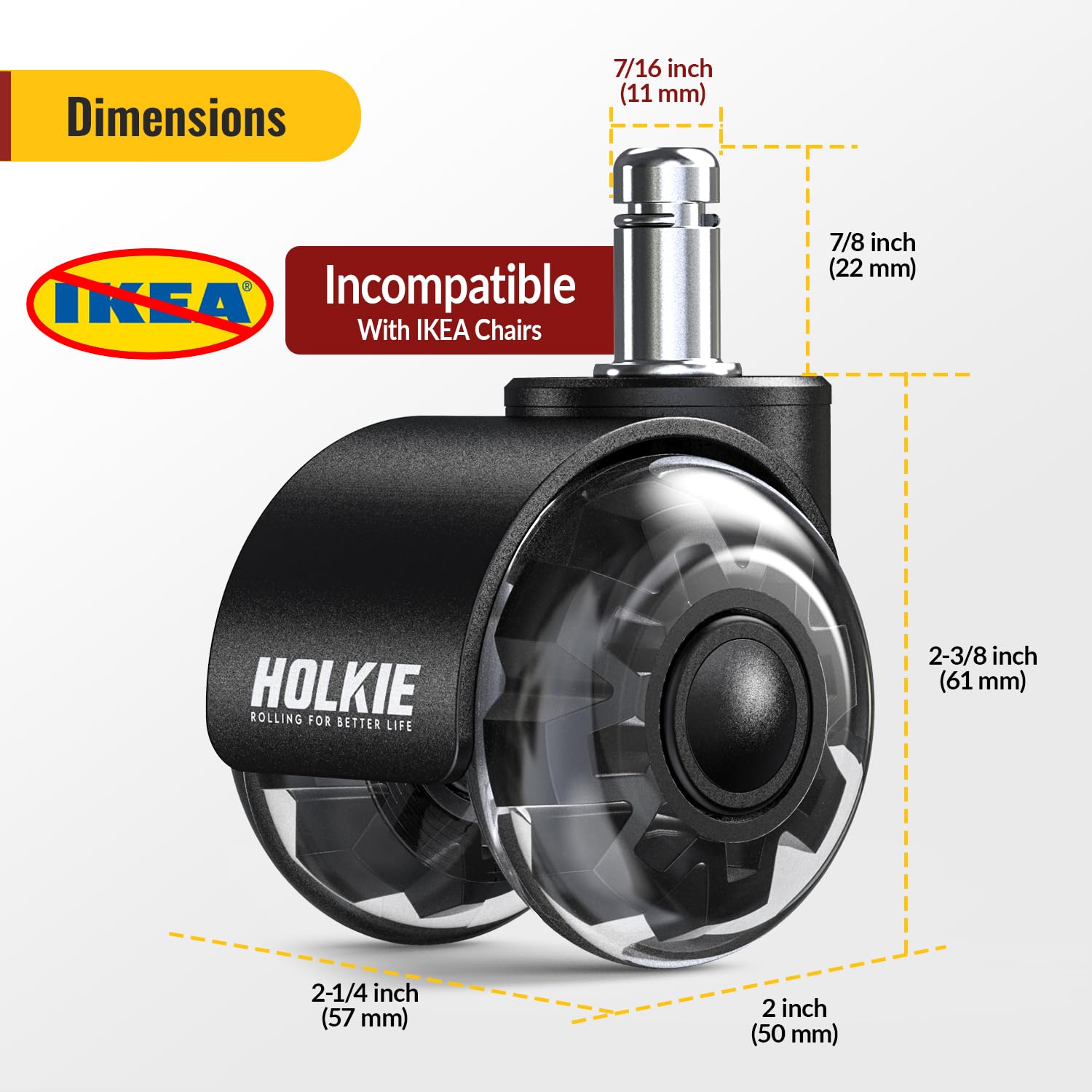 Thumbnail 1 de HOLKIE 11x22mm Universal Fit Office Chair Casters — Set of 5 (2 inch)