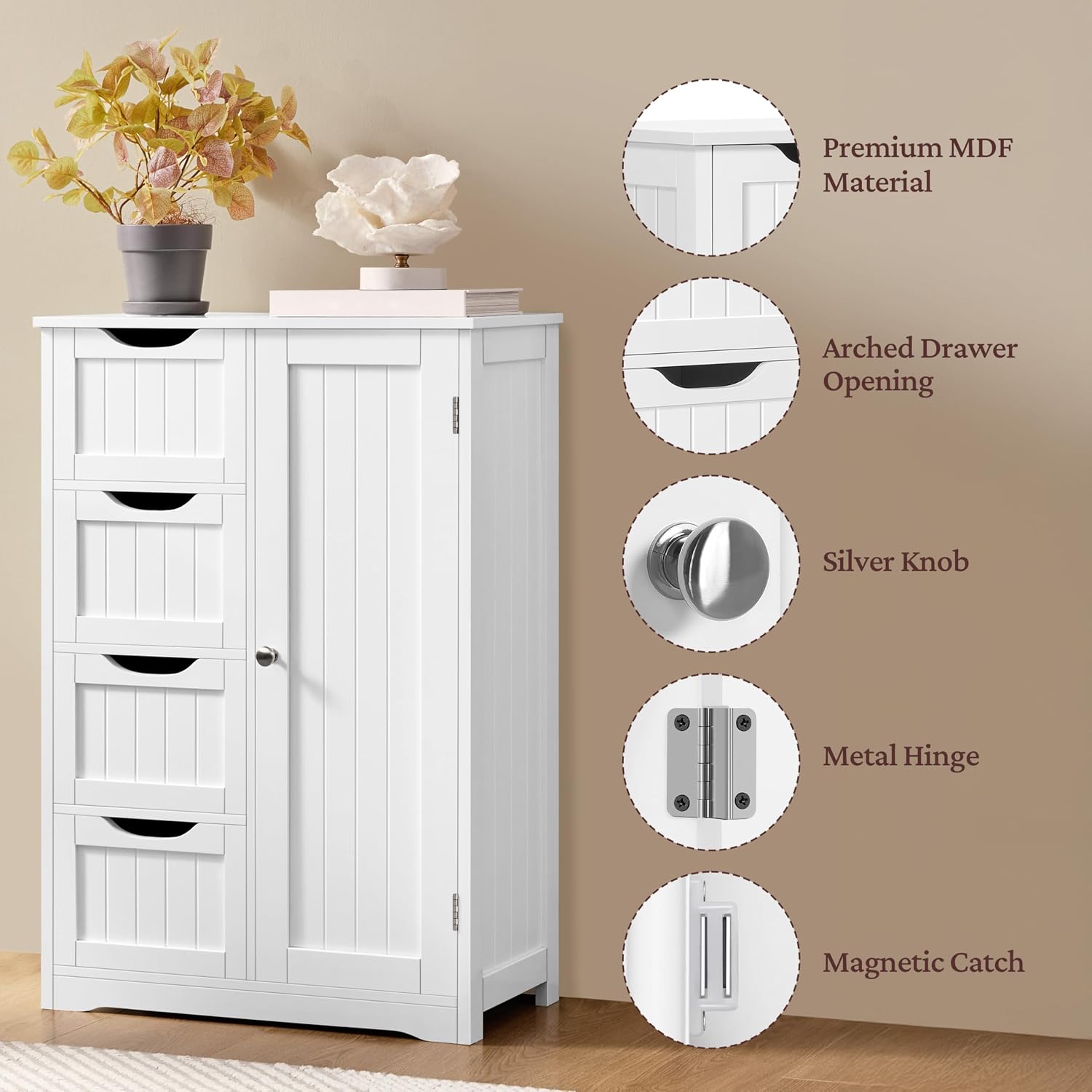 Thumbnail 5 de Yaheetech 611079 White Bathroom Floor Cabinet, 4 Drawers, Adjustable Shelf