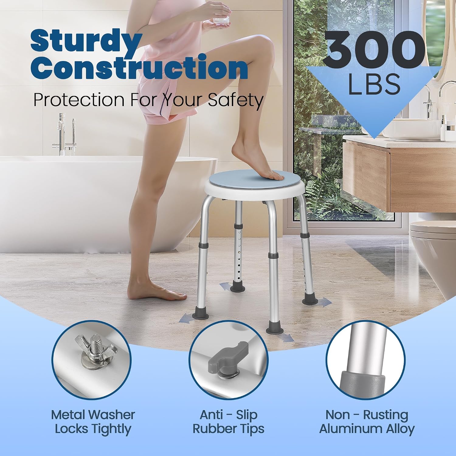 Detalle de Careboda DR3110 Swivel Shower Chair with Grab Bar, 360° Seat, Adjustable Height