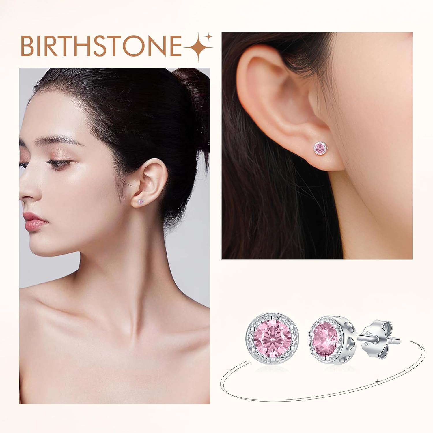 Detalle de Qings Geburtsstein Ohrringe Silber 925 – Kleine Birthstone Ohrstecker mit Zirkonia, Oktober Rosa Turmalin