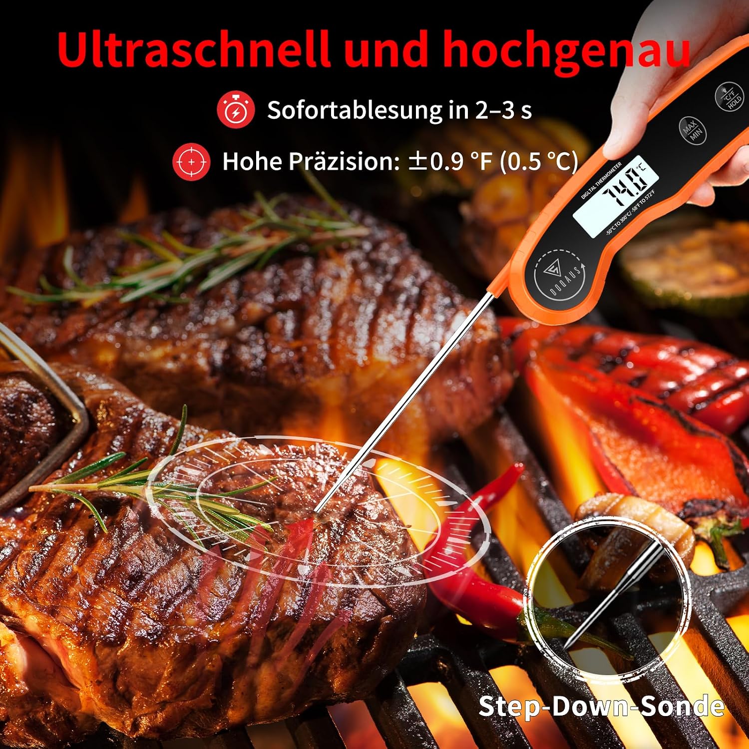 Thumbnail 1 de DOQAUS Fleischthermometer Digital – präzise 3‑Sekunden-Lesung mit LED-Hintergrund und faltbarer Sonde