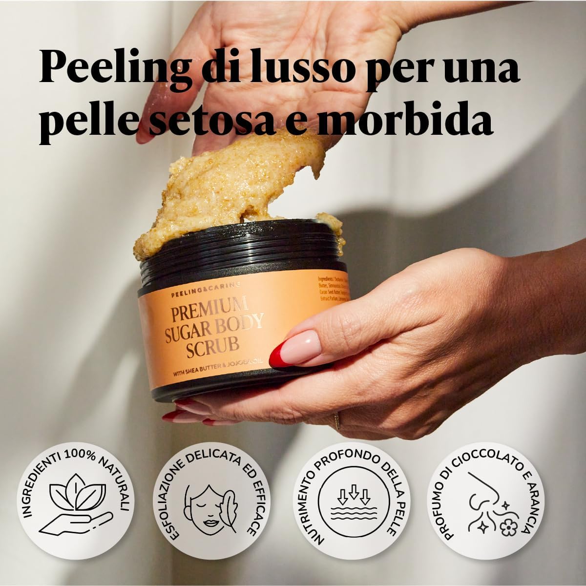Detalle 2 de Active Luxe Premium Sugar Scrub: Scrub Corpo esfoliante al profumo di cioccolato & arancia, 220 g