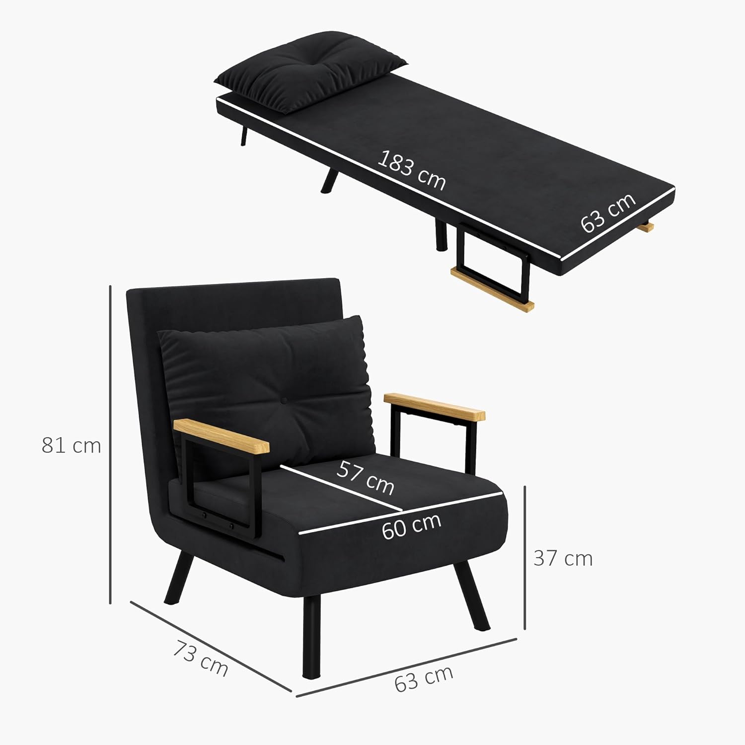 Thumbnail 2 de HOMCOM Fauteuil Convertible 1 Place – 3 en 1, dossier réglable 5 positions, velours noir