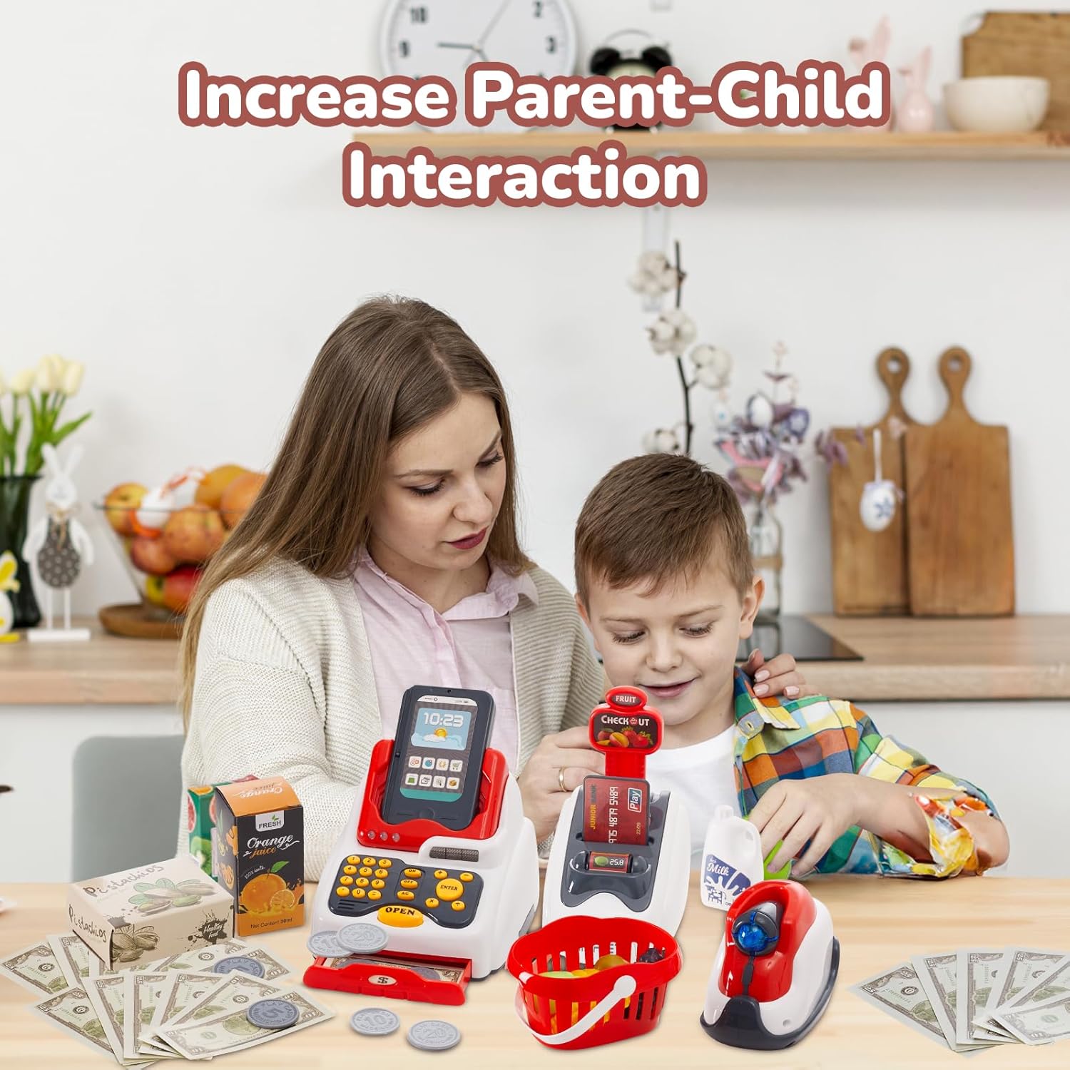 Detalle de Qivange kids toy cash register set with scanner, music & play money (age 3+)