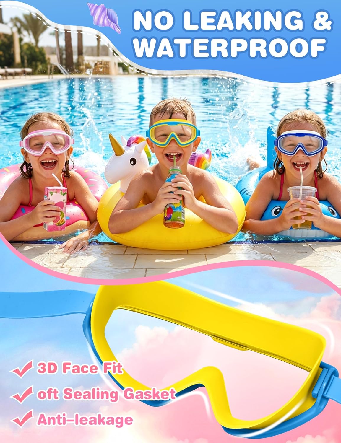 Detalle de FUSHI&MON Kids Swim Goggles (2 Pack) – Clear Vision, Soft Silicone Comfort and Leak-Proof Fit