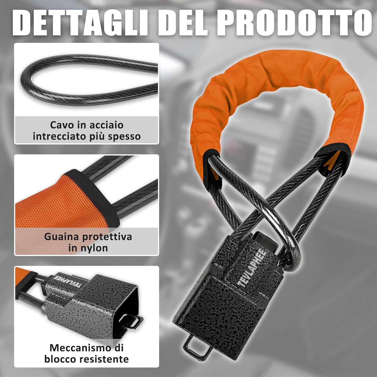 Detalle 2 de Tevlaphee Blocca Sterzo Automobile: Antifurto robusto, visibile e universale (Arancione)