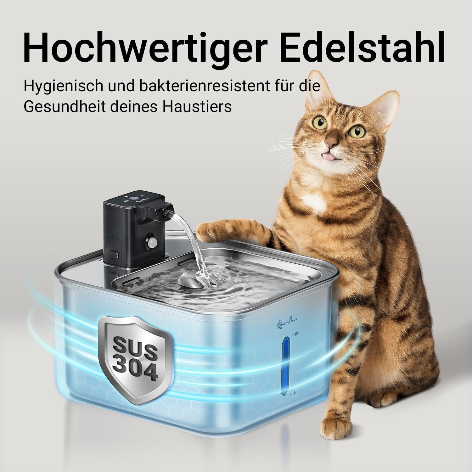 Detalle 2 de DownyPaws Edelstahl-Katzenbrunnen Kabellos – 3L, Bewegungsmelder, leise & leicht zu reinigen