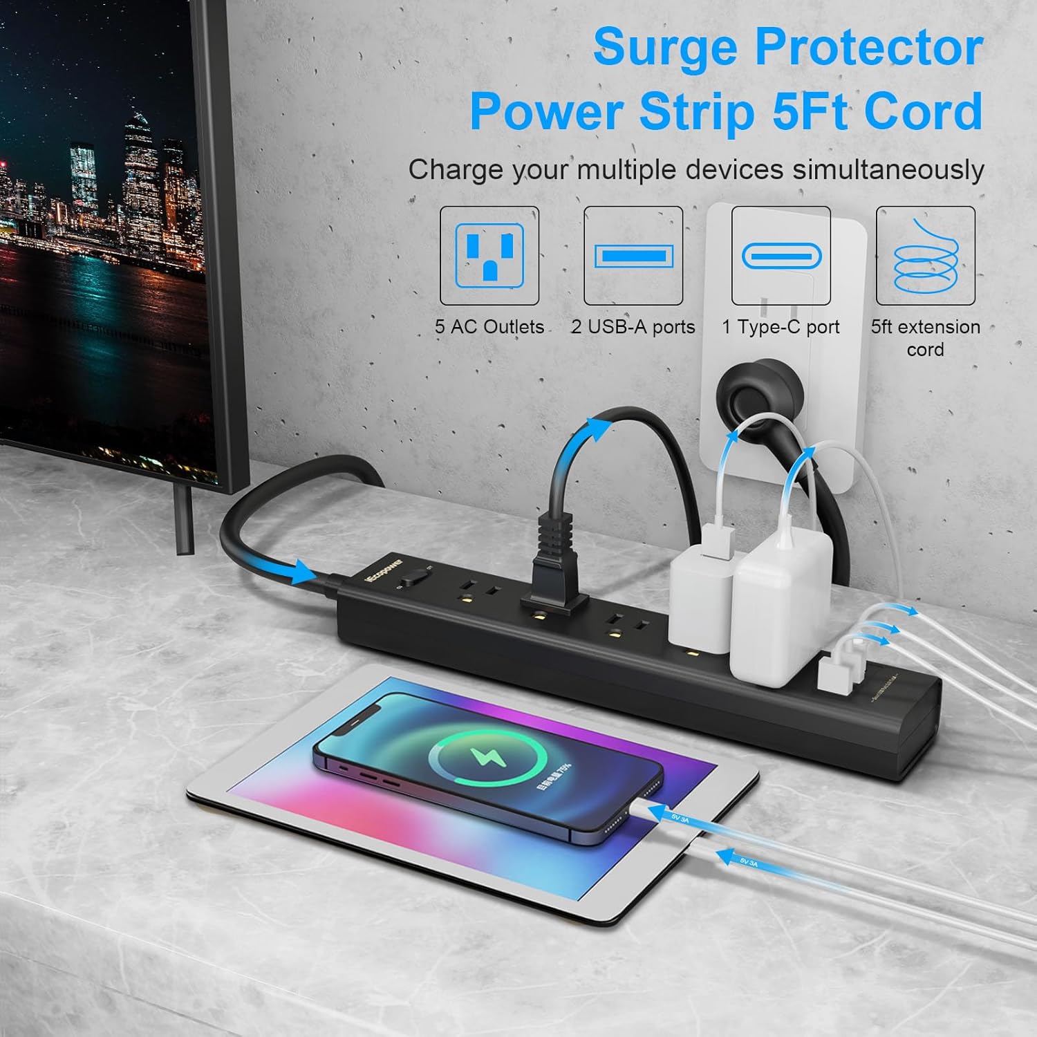 Detalle de 2 Pack Power Strip Surge Protector with 5 Widely Spaced Outlets, 3 USB Ports, 1250W/10A, 5ft Cord, Wall Mount (Black)