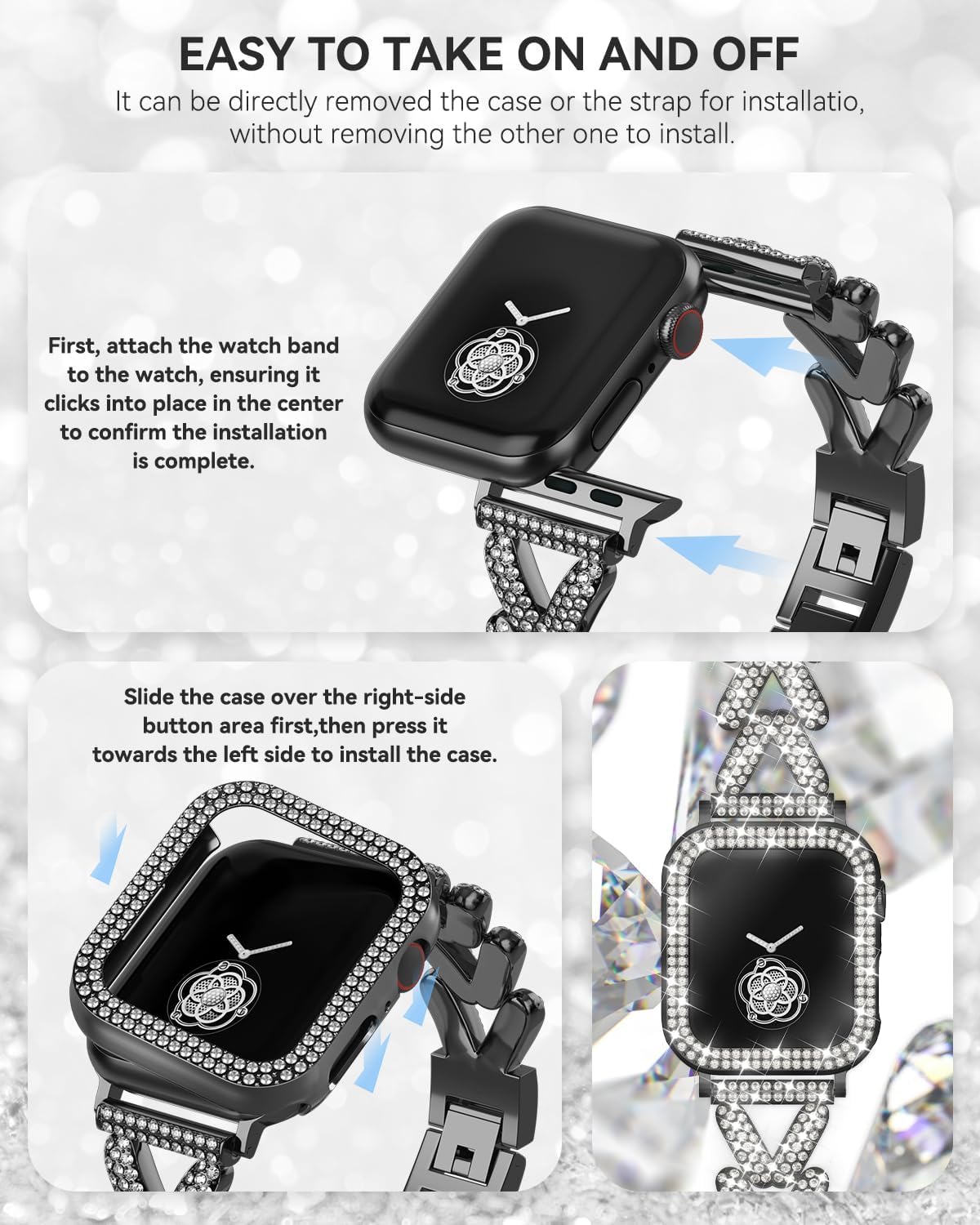 Detalle de Rhinestones Encrusted Metal Bracelet and Case for Apple Watch (38mm–49mm) in Bling Gold