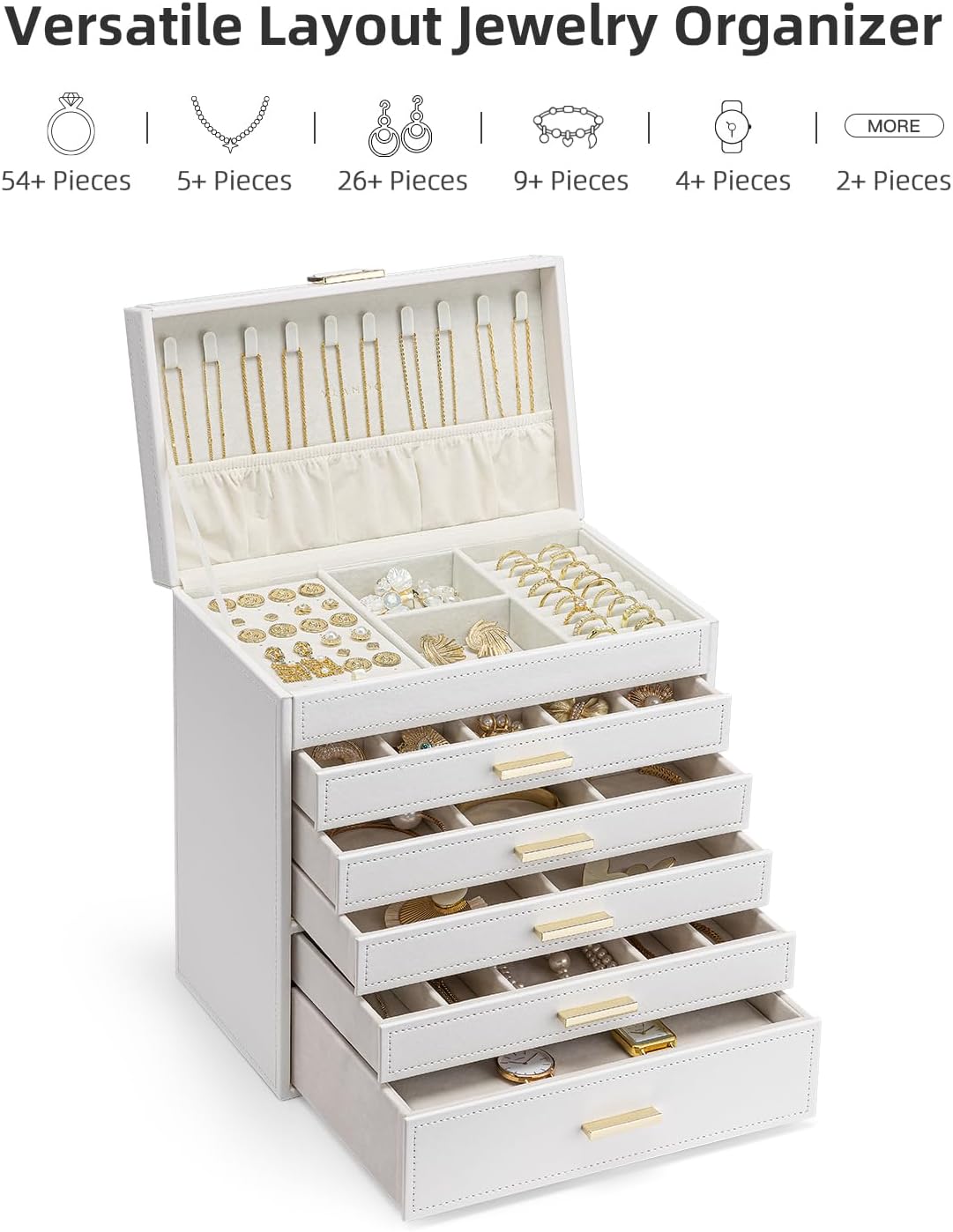 Detalle de Vlando Modern Joyero Grande: organización elegante con 6 niveles y 5 cajones extraíbles