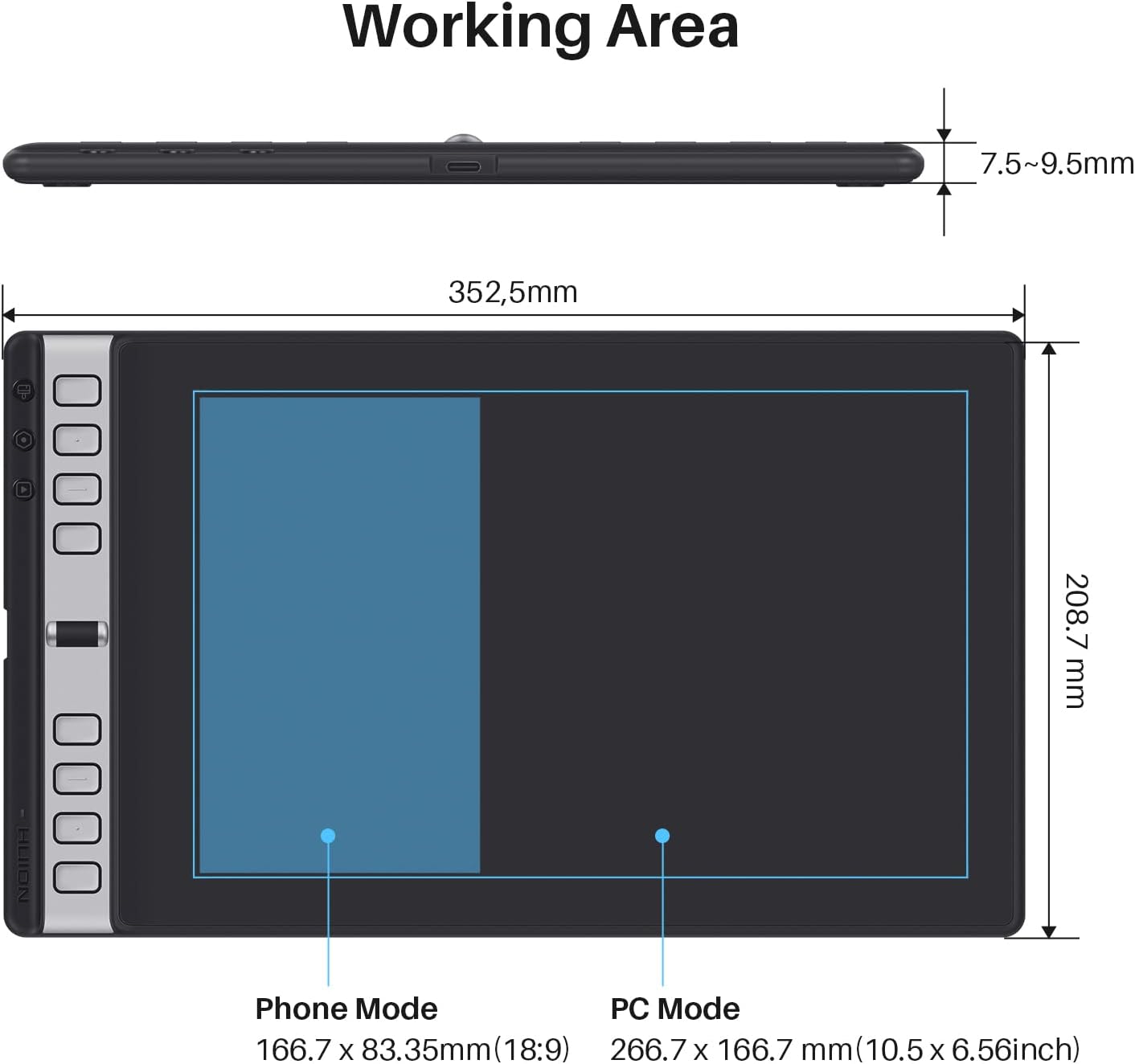Detalle 2 de HUION Inspiroy 2 L H1061P grafikplatta, 10,5 × 6,56 tum och batterifri penna